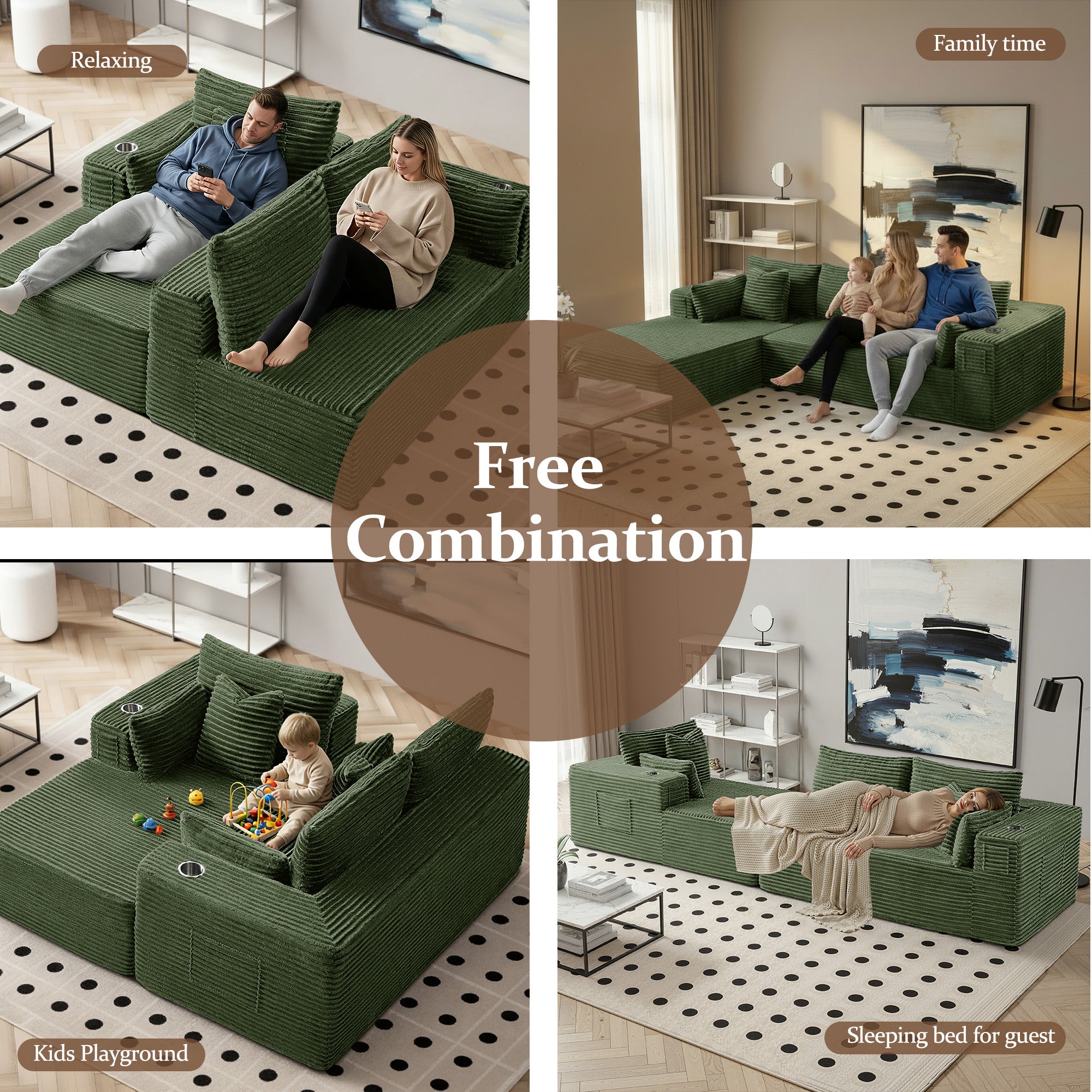 138" L-Shape Modular Cloud Sectional Boneless Sofa with Chaise, Extra-Wide Deep Seat Plush Corduroy Couch for Living Rooms & Apartments (Green)