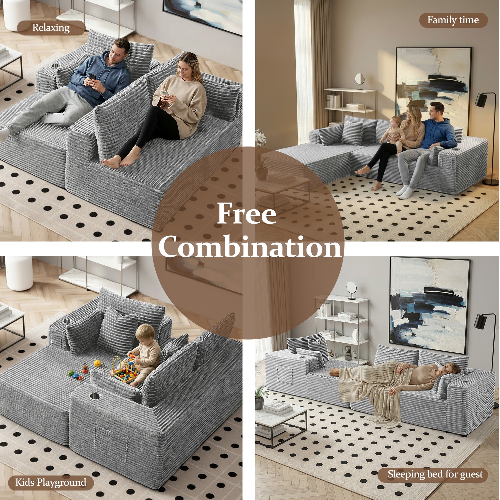138" L-Shape Modular Cloud Sectional Boneless Sofa with Chaise, Extra-Wide Deep Seat Plush Corduroy Couch for Living Rooms & Apartments (Light Grey)