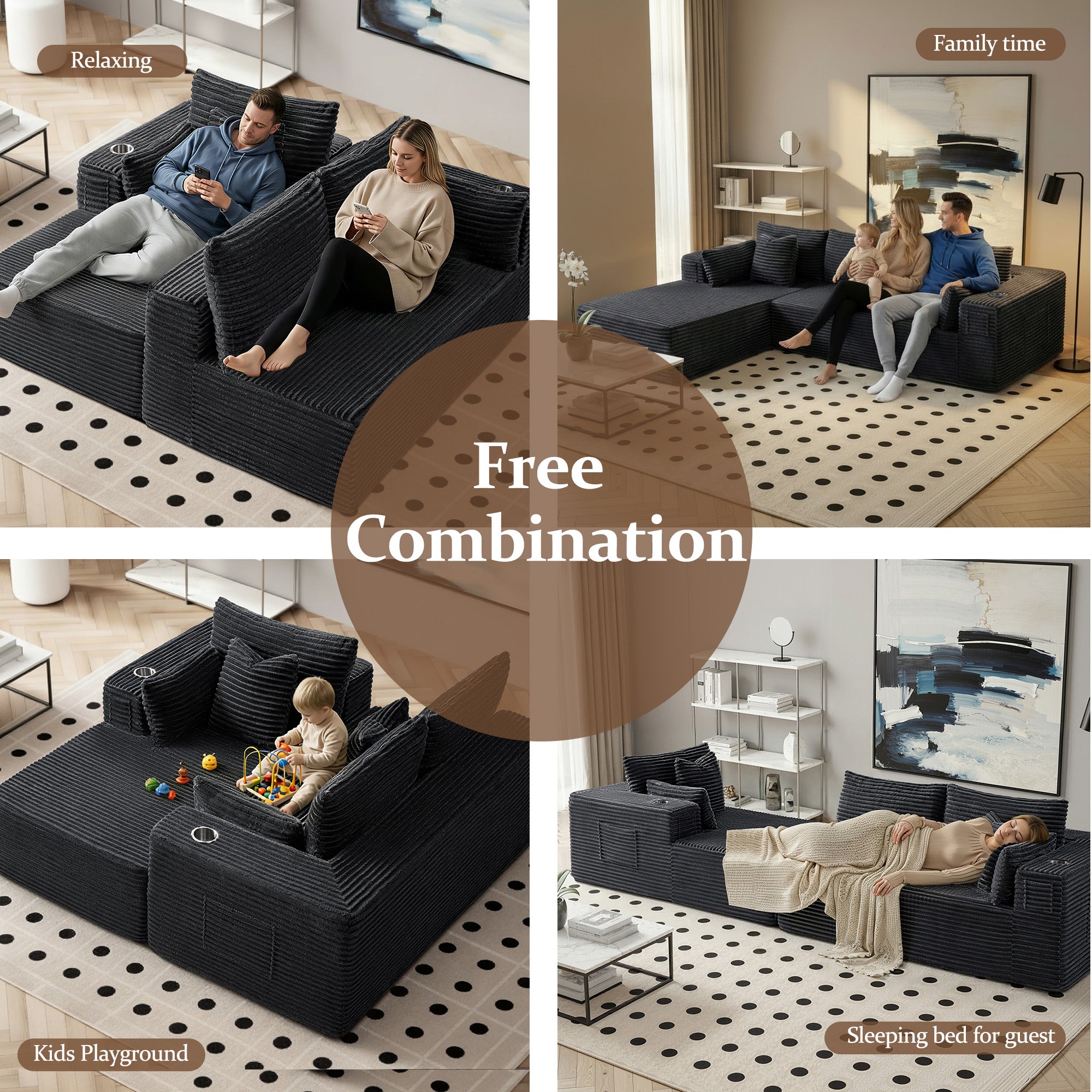 108" L-Shape Modular Cloud Sectional Boneless Sofa with Chaise, Extra-Wide Deep Seat Plush Corduroy Couch for Living Rooms & Apartments (Dark Grey)