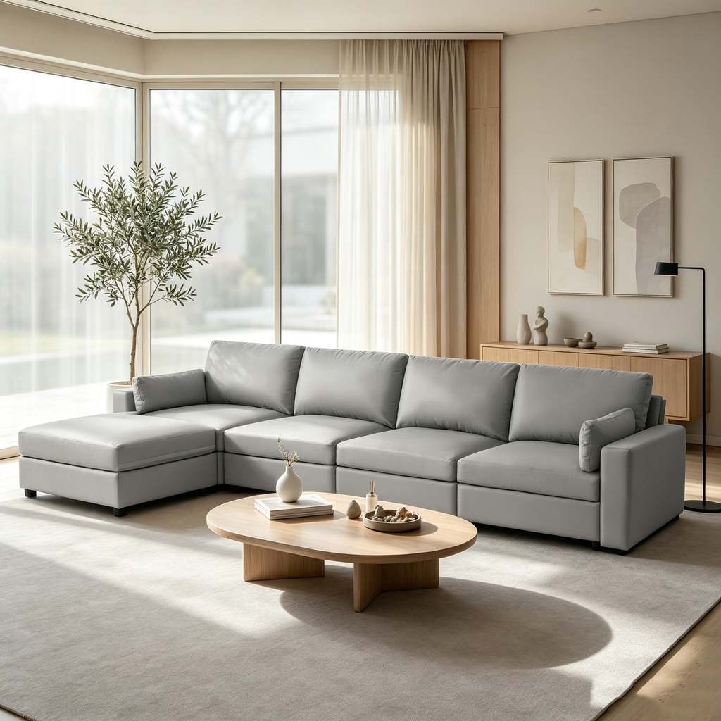 151" Oversized Modular Sectional Sofa with Storage Ottoman, Deep Seat L-Shaped Faux Leather Couch, Scratch-Resistant Vegan Leather, Modern Living Room, Dark Gray