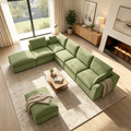 175" 5-Seater Cloud Sofa with 2 Movable Ottomans, Deep Seat Modelar Sectional Sofa with Memory Foam, Soft Chenille Fabric, Plush Comfy Sofa for Living Room, Green