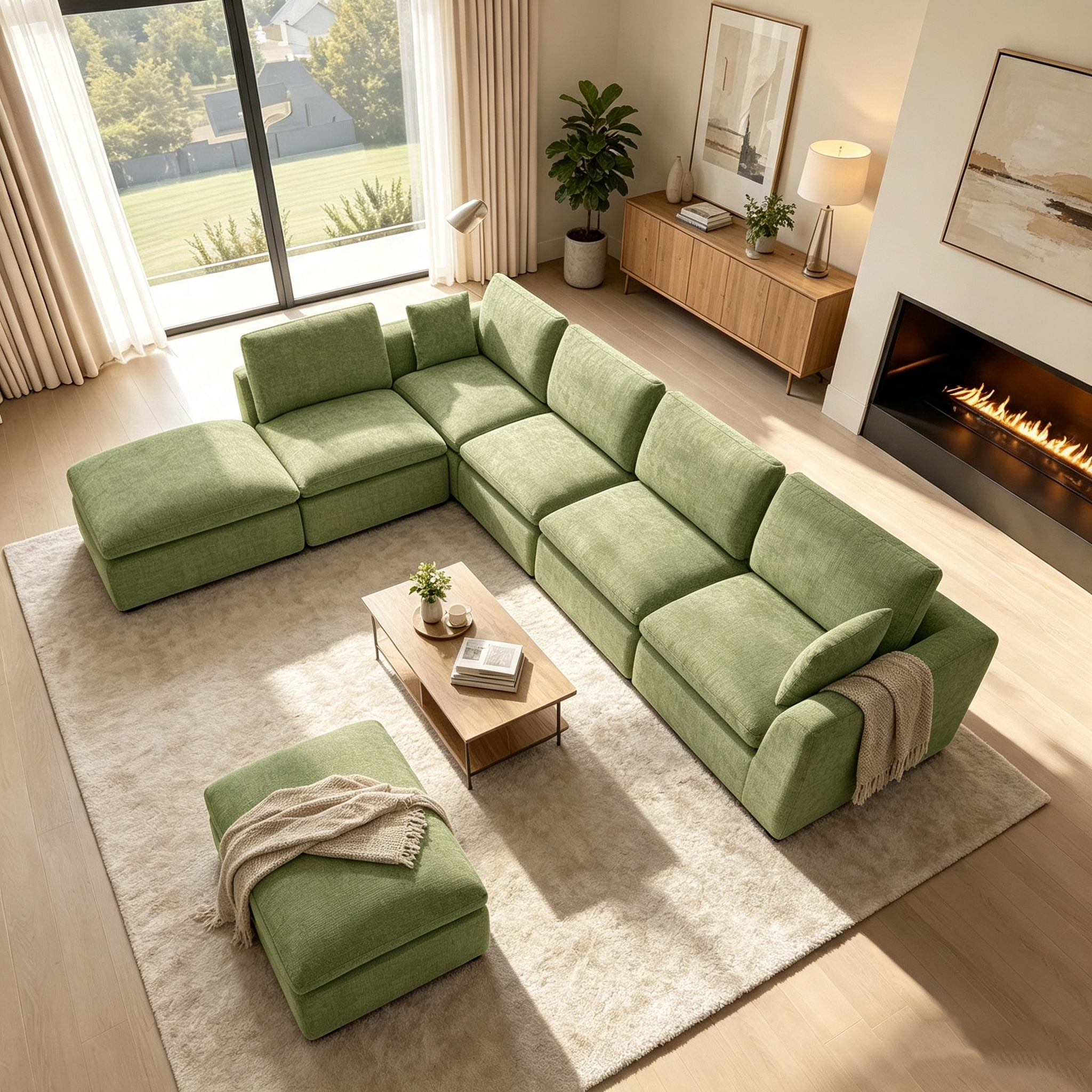 175" 5-Seater Cloud Sofa with 2 Movable Ottomans, Deep Seat Modelar Sectional Sofa with Memory Foam, Soft Chenille Fabric, Plush Comfy Sofa for Living Room, Green
