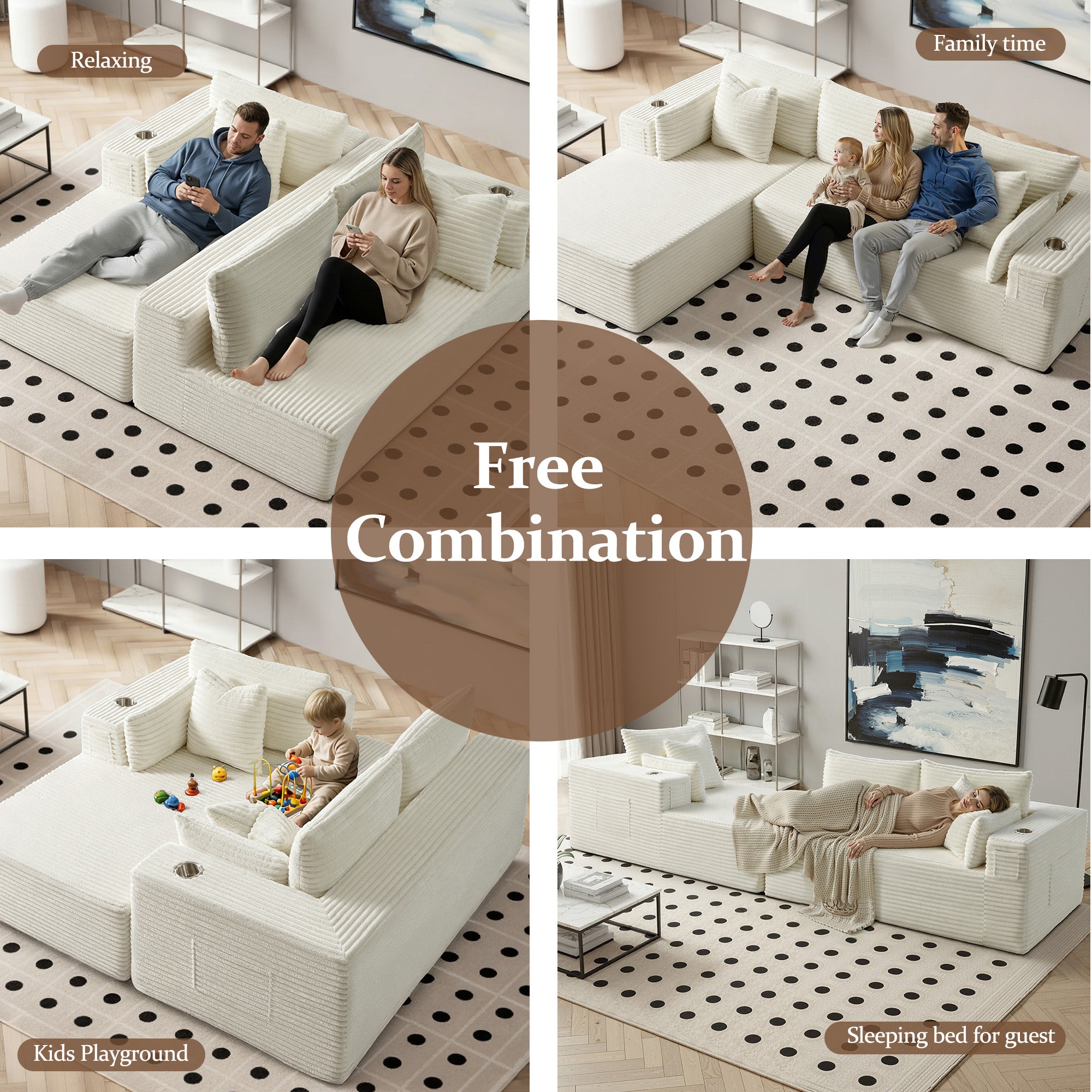 108" U-Shape Modular Cloud Sectional Boneless Sofa with Chaise & Ottoman, Extra-Wide Deep Seat Plush Corduroy Couch for Living Rooms & Apartments (Beige)