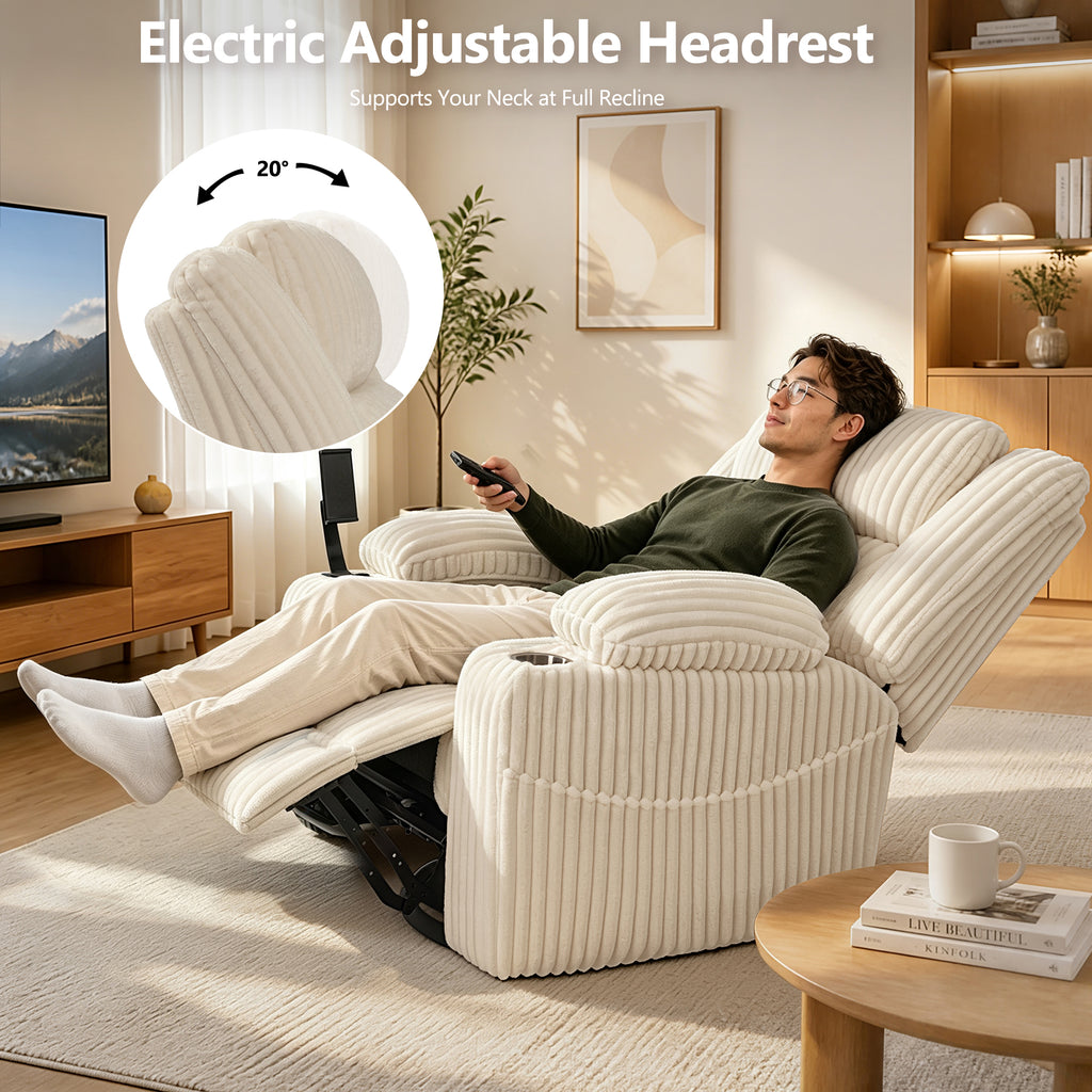 Large Wide Power Lift Recliner Chair for Elderly, Oversized Recliner with Power Headrest, Heat and Massage, Extended Footrest, USB Ports, Cup Holders and Storage Pockets, Beige