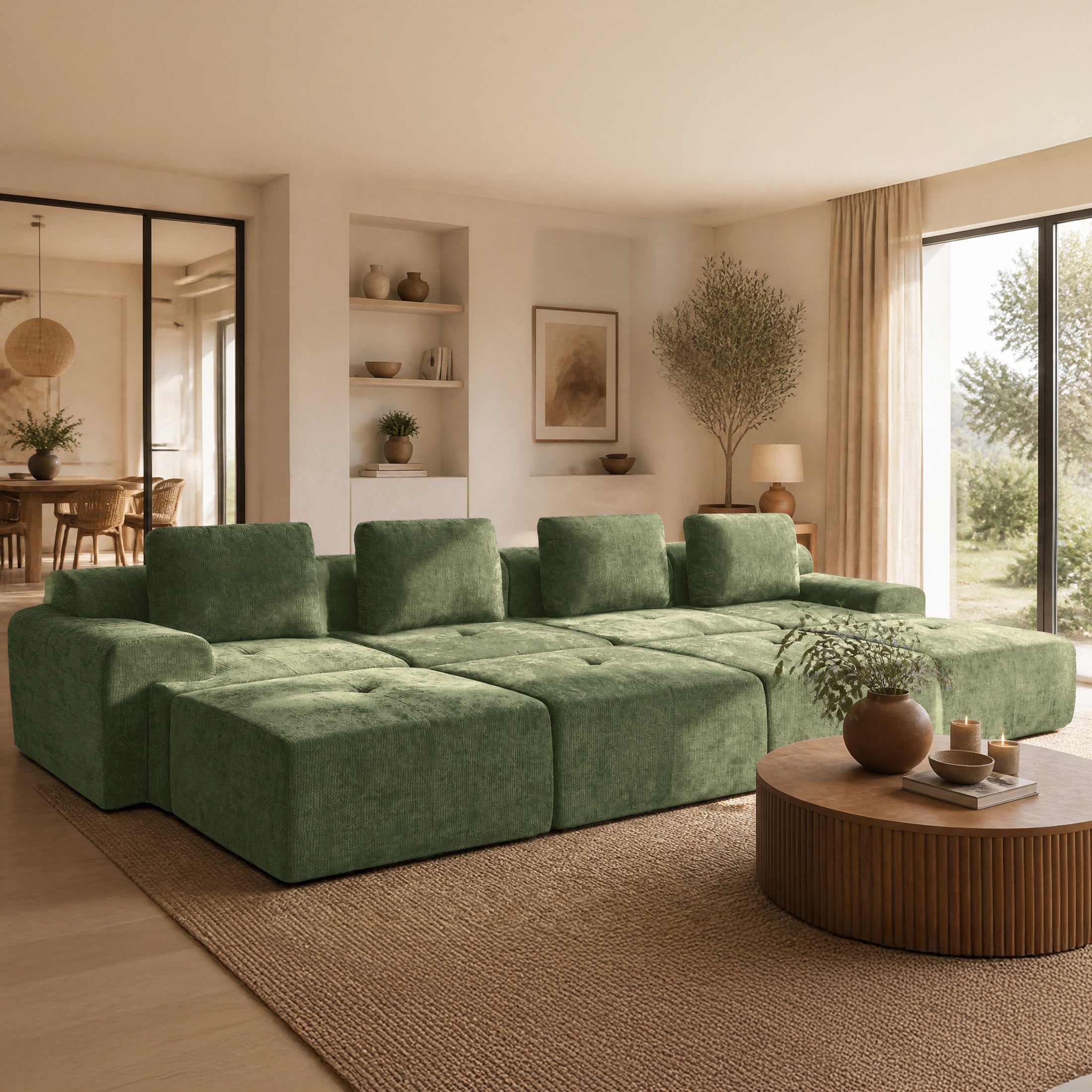 159" U-Shaped Oversized Cloud Couch, Modular Sectional Sofa with High Back & Extra Deep Seat, No Assembly Required, Plush Chenille, Green