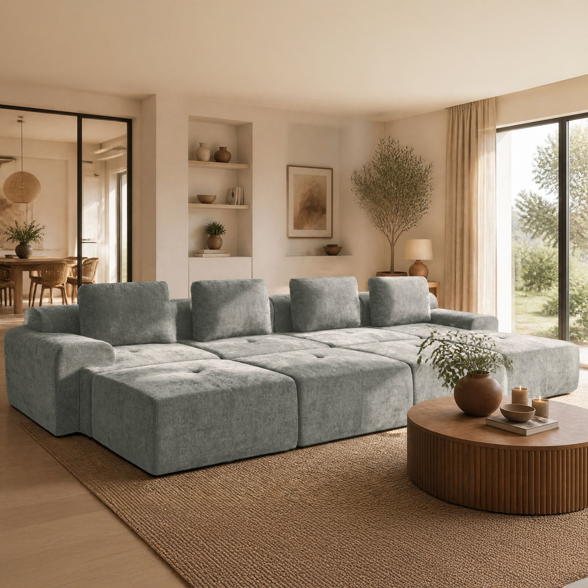 159" U-Shaped Oversized Cloud Couch, Modular Sectional Sofa with High Back & Extra Deep Seat, No Assembly Required, Plush Chenille, Light Grey