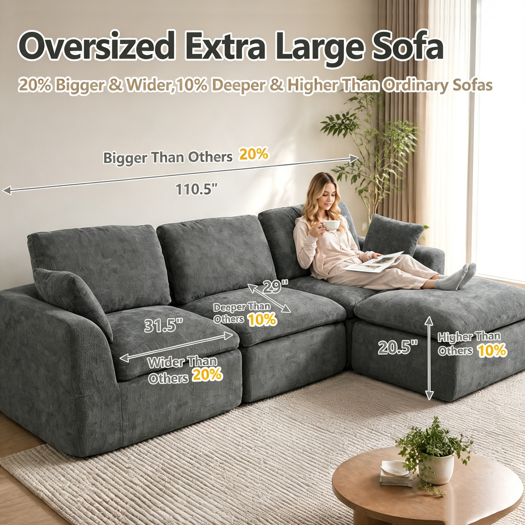110.5" 3-Seater L-Shaped Cloud Sofa with Ottoman, Deep Seat Modular Sectional Couch with Memory Foam, Soft Chenille Fabric, Plush Comfy Sofa for Living Room, Dark Gray