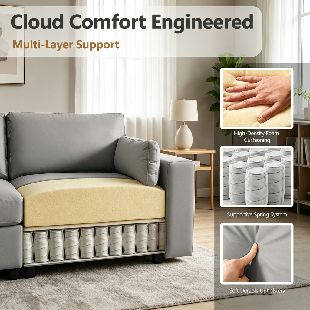 151" Oversized Modular U-Shaped Sectional Sofa with 2 Storage Ottomans, Deep Seat Faux Leather Couch, Scratch-Resistant Vegan Leather, Modern Living Room, Dark Gray
