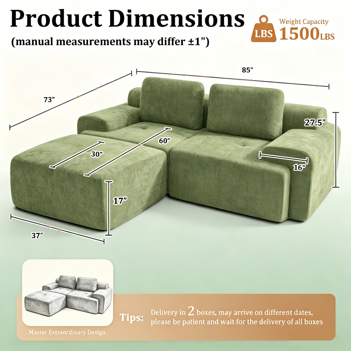 85" Oversized Cloud Modular Sofa, High Back & Extra Deep Seat, No Assembly Required Soft Chenille, Single Seat,Gray