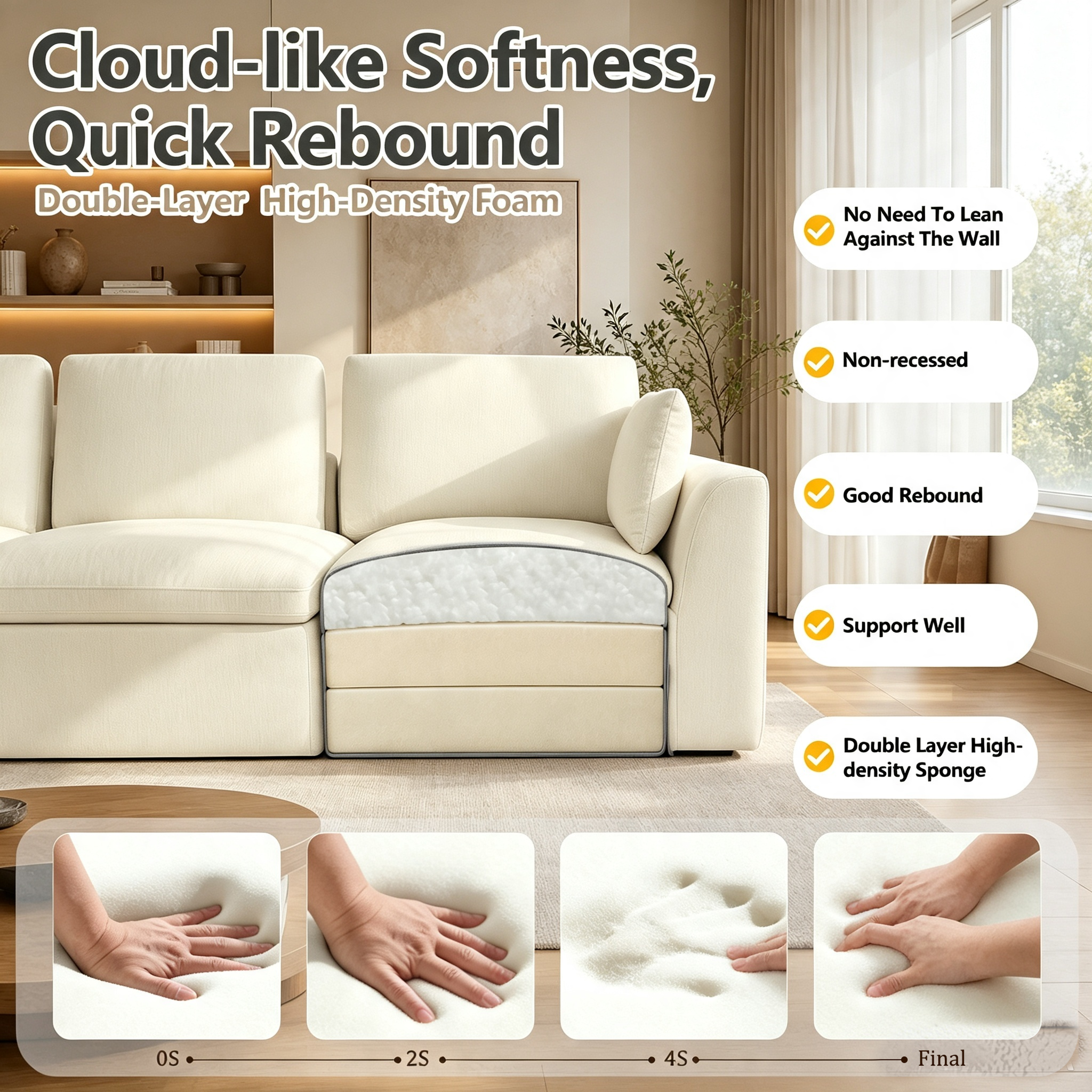 110.5" 3-Seater L-Shaped Cloud Sofa with Ottoman, Deep Seat Modular Sectional Couch with Memory Foam, Soft Chenille Fabric, Plush Comfy Sofa for Living Room, Beige