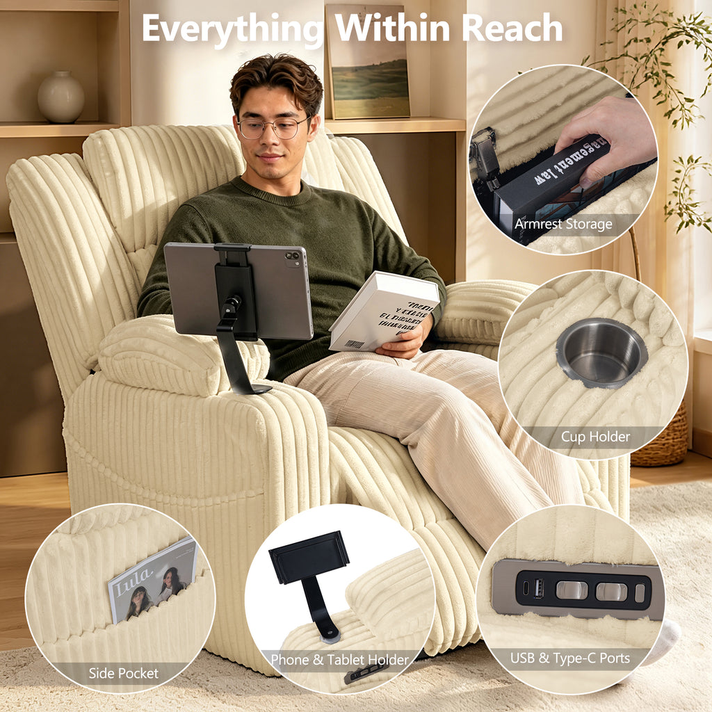 Large Wide Power Lift Recliner Chair for Elderly, Oversized Recliner with Power Headrest, Heat and Massage, Extended Footrest, USB Ports, Cup Holders and Storage Pockets, Khaki