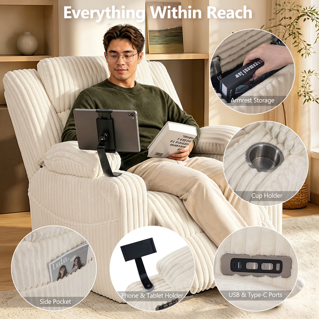 Large Wide Power Lift Recliner Chair for Elderly, Oversized Recliner with Power Headrest, Heat and Massage, Extended Footrest, USB Ports, Cup Holders and Storage Pockets, Beige