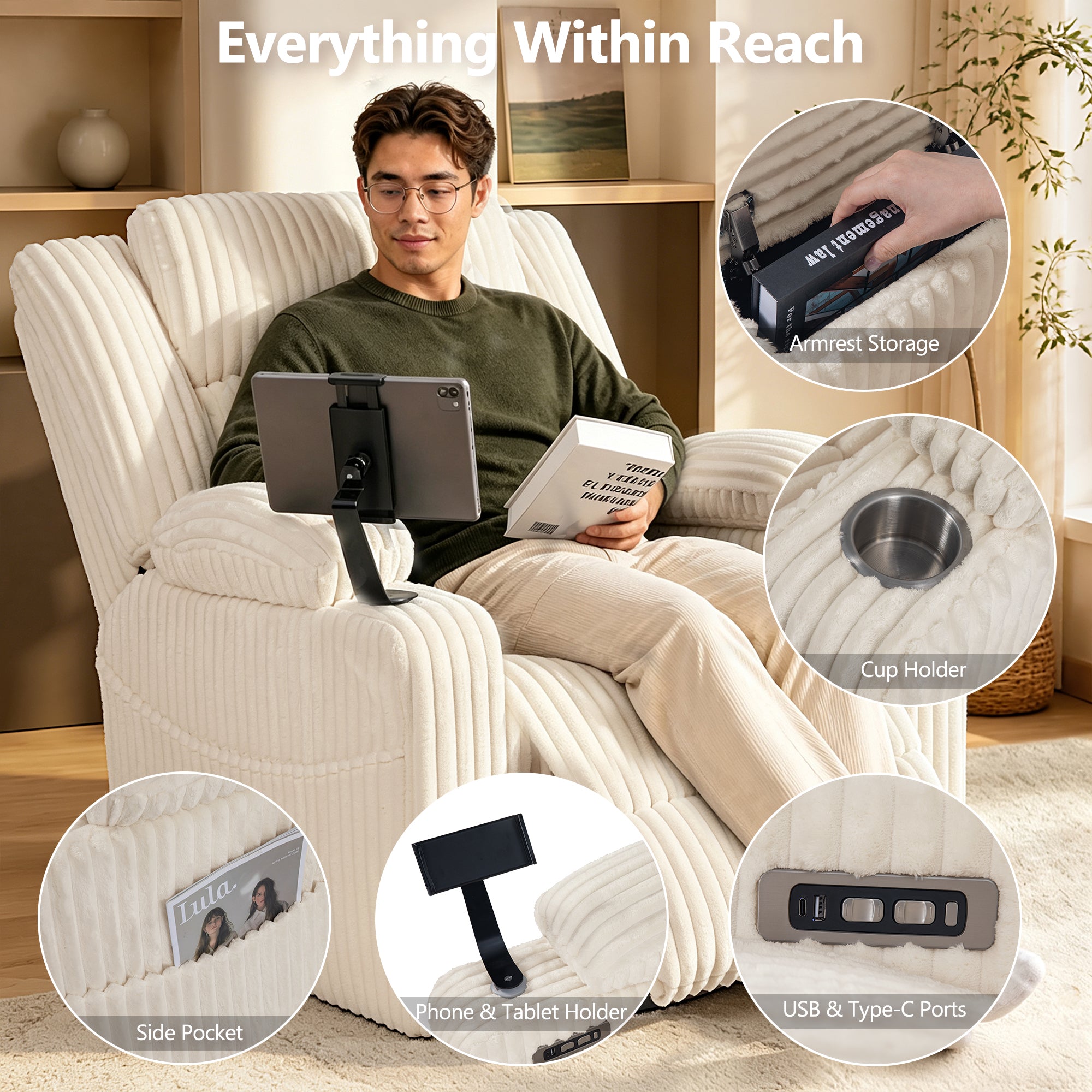 Large Wide Power Lift Recliner Chair for Elderly, Oversized Recliner with Power Headrest, Heat and Massage, Extended Footrest, USB Ports, Cup Holders and Storage Pockets, Beige