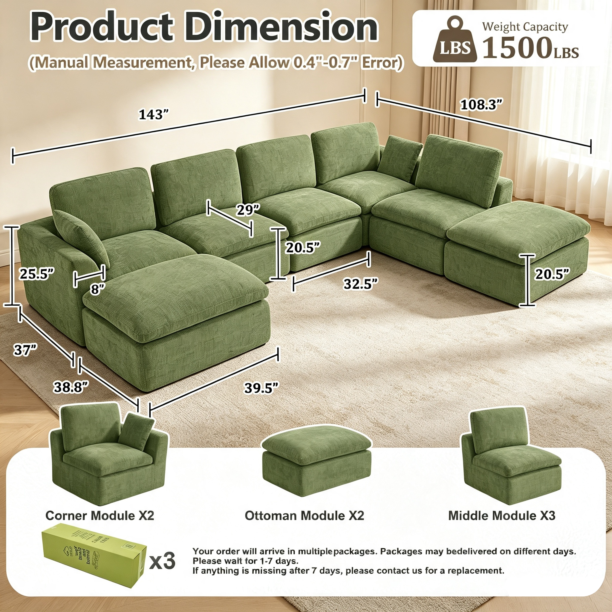 175" 5-Seater Cloud Sofa with 2 Movable Ottomans, Deep Seat Modelar Sectional Sofa with Memory Foam, Soft Chenille Fabric, Plush Comfy Sofa for Living Room, Green