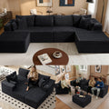 138" U-Shape Modular Cloud Sectional Boneless Sofa with Chaise & Ottoman, Extra-Wide Deep Seat Plush Corduroy Couch for Living Rooms & Apartments (Black)
