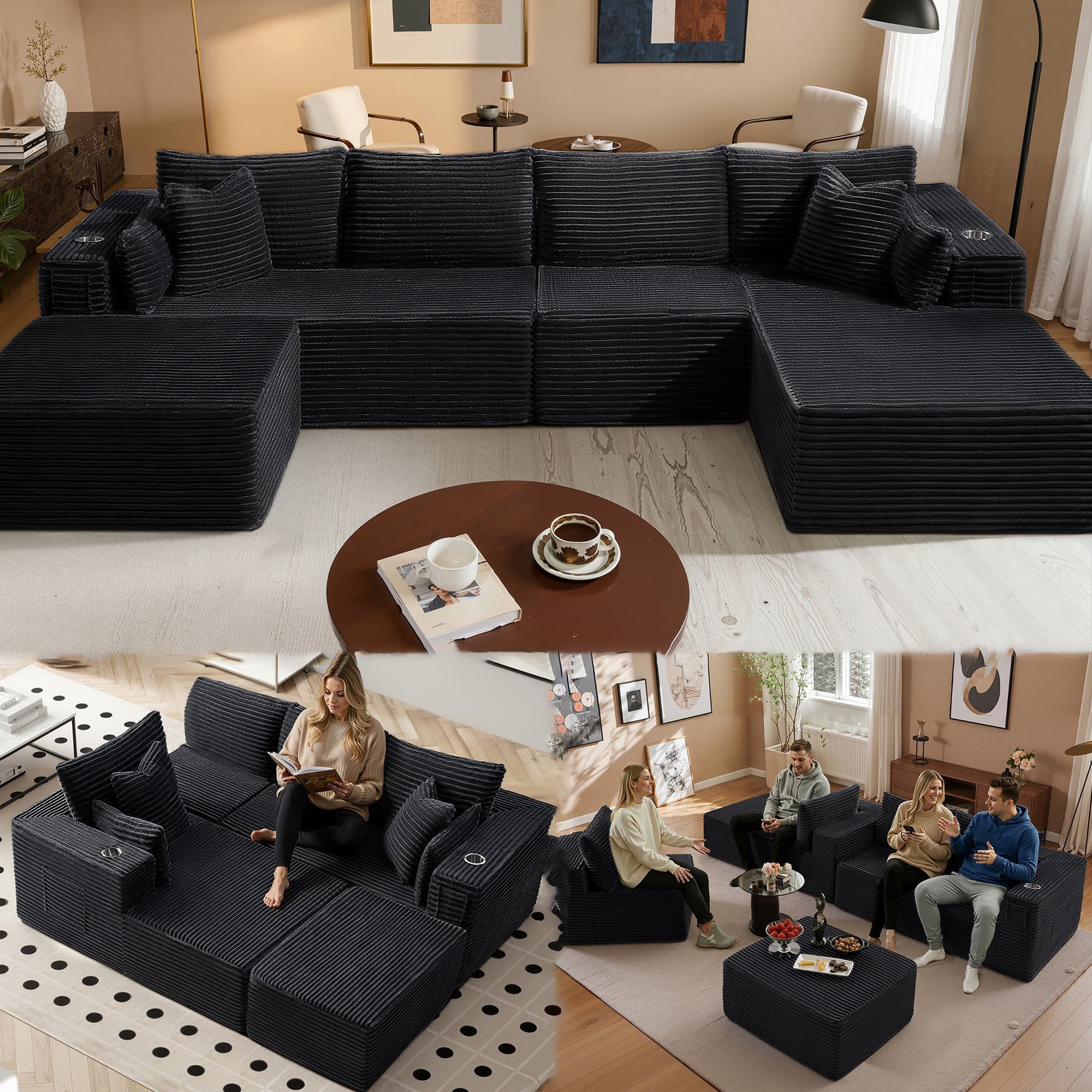 138" U-Shape Modular Cloud Sectional Boneless Sofa with Chaise & Ottoman, Extra-Wide Deep Seat Plush Corduroy Couch for Living Rooms & Apartments (Black)
