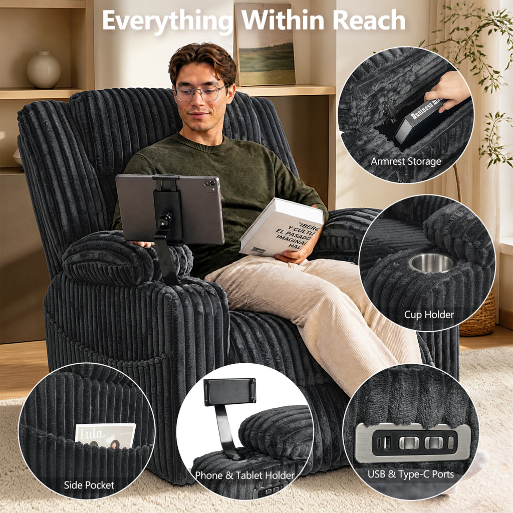 Large Wide Power Lift Recliner Chair for Elderly, Oversized Recliner with Power Headrest, Heat and Massage, Extended Footrest, USB Ports, Cup Holders and Storage Pockets, Dark Gray