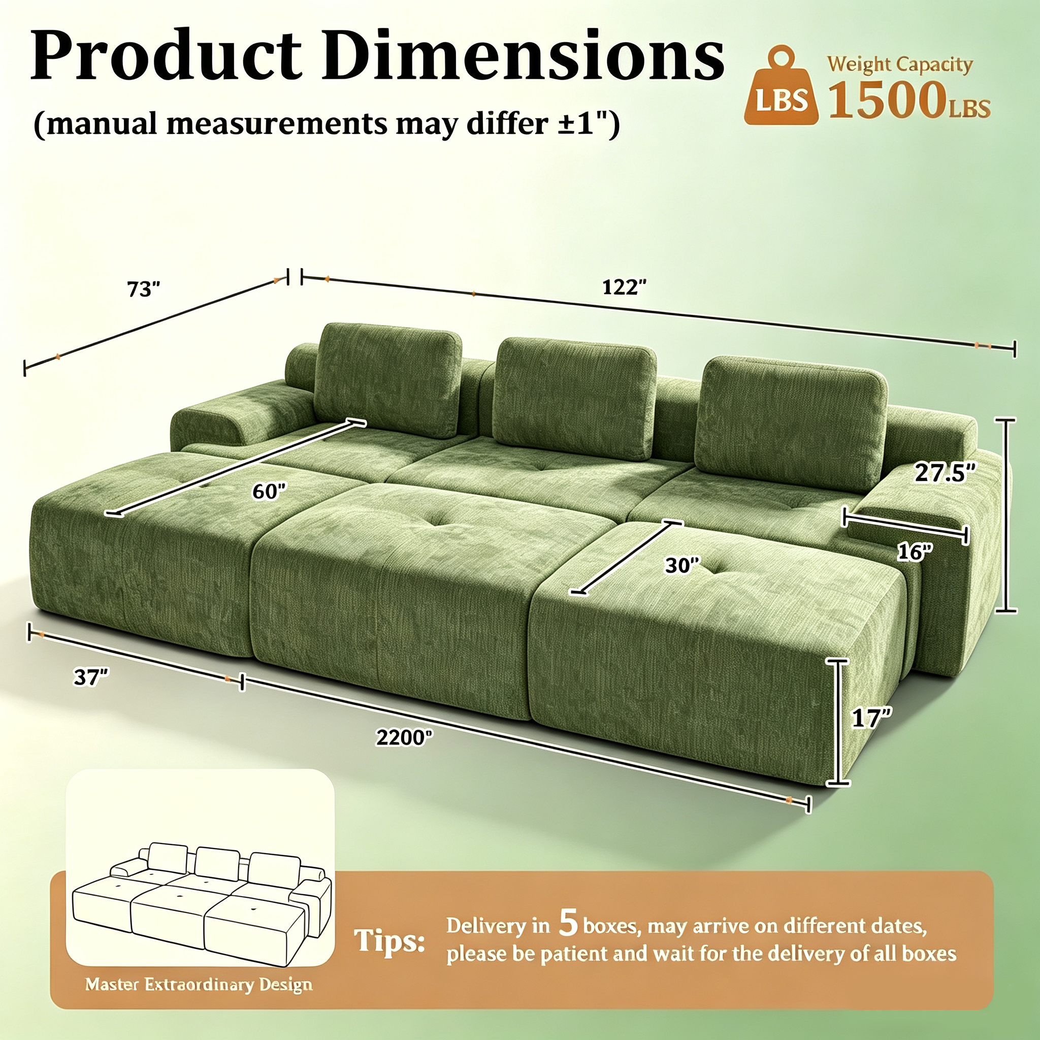 122" Modular Sectional Sofa U-Shaped Oversized Cloud Couch with High Back & Extra Deep Seat, No Assembly Required, Plush Chenille, 6 Seat, Green