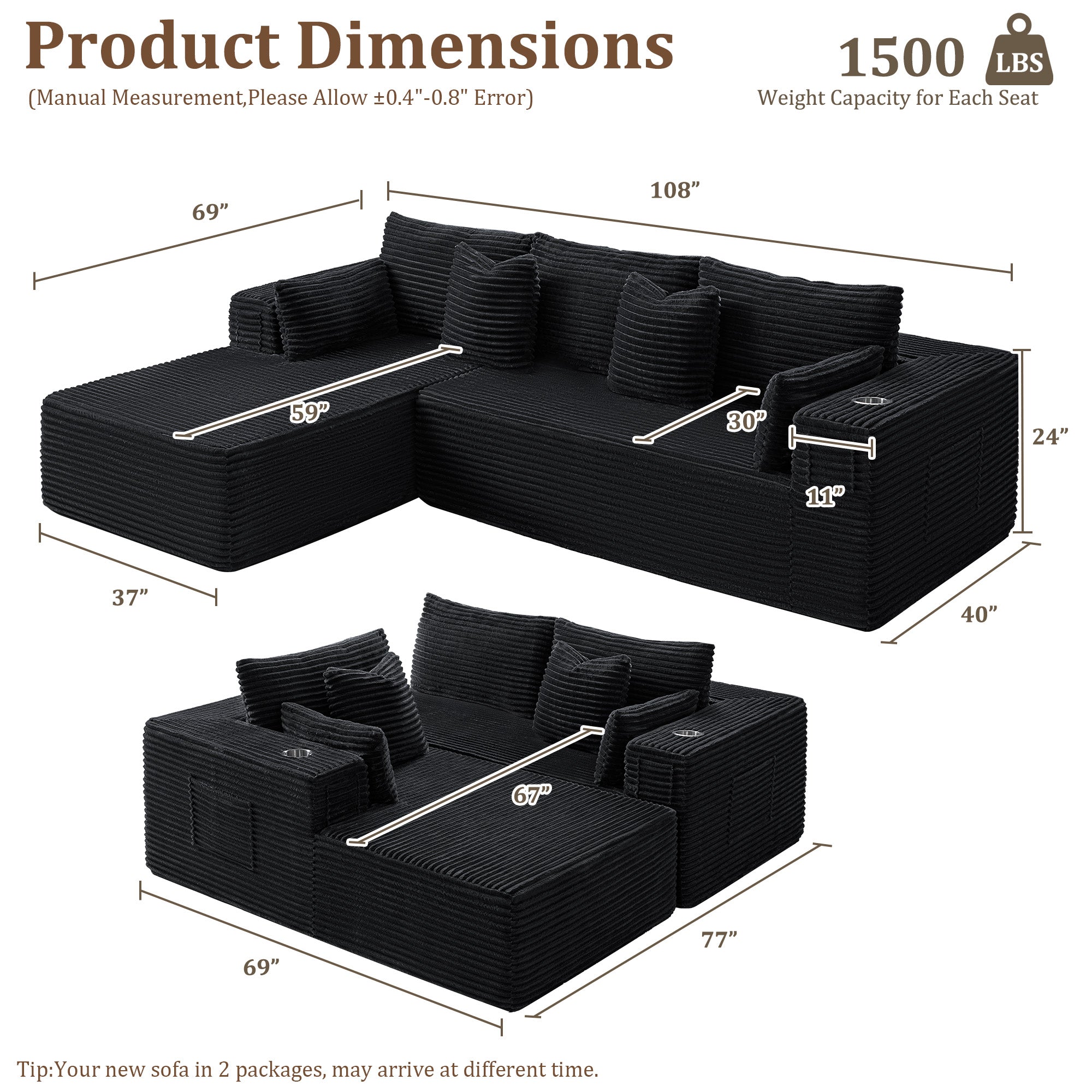 108" L-Shape Modular Cloud Sectional Boneless Sofa with Chaise, Extra-Wide Deep Seat Plush Corduroy Couch for Living Rooms & Apartments (Black)