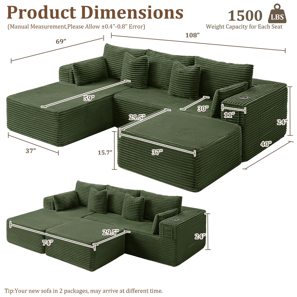 108" U-Shape Modular Cloud Sectional Boneless Sofa with Chaise & Ottoman, Extra-Wide Deep Seat Plush Corduroy Couch for Living Rooms & Apartments (Green)
