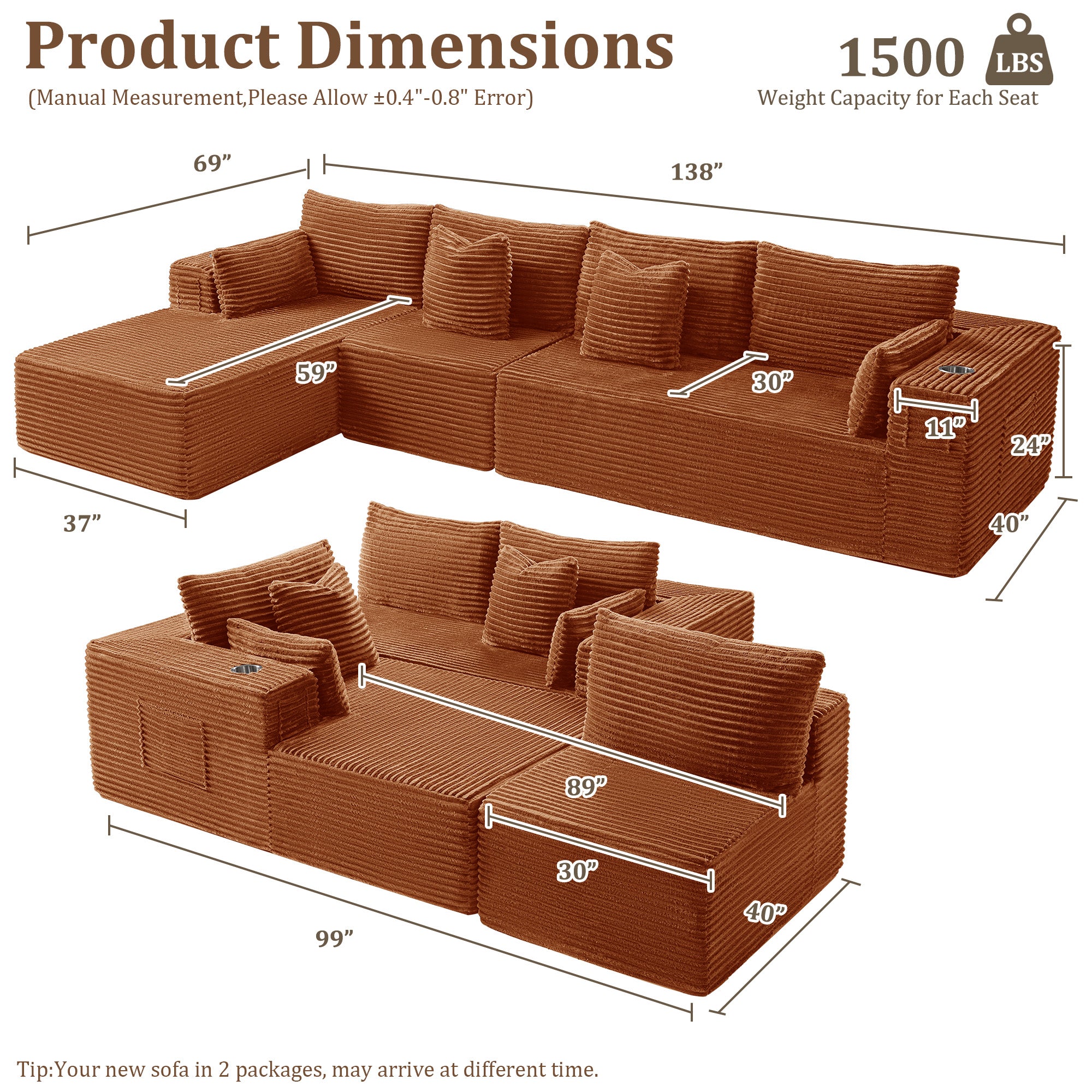 138" L-Shape Modular Cloud Sectional Boneless Sofa with Chaise, Extra-Wide Deep Seat Plush Corduroy Couch for Living Rooms & Apartments (Orange)