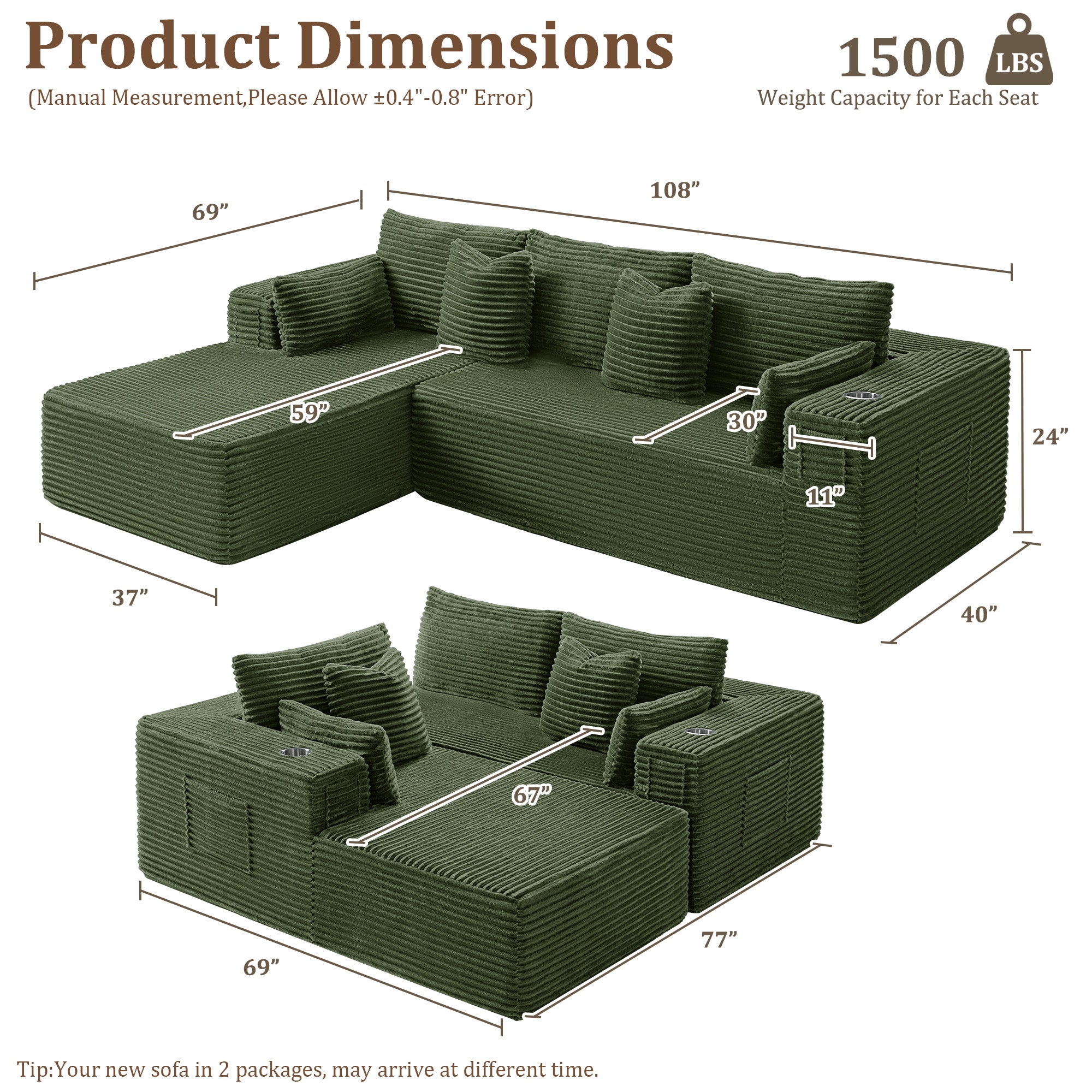 108" L-Shape Modular Cloud Sectional Boneless Sofa with Chaise, Extra-Wide Deep Seat Plush Corduroy Couch for Living Rooms & Apartments (Green)