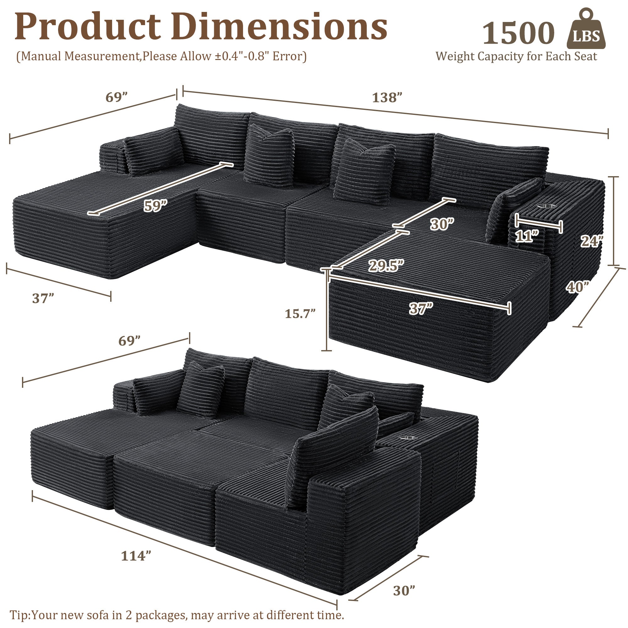 138" U-Shape Modular Cloud Sectional Boneless Sofa with Chaise & Ottoman, Extra-Wide Deep Seat Plush Corduroy Couch for Living Rooms & Apartments (Dark Grey)