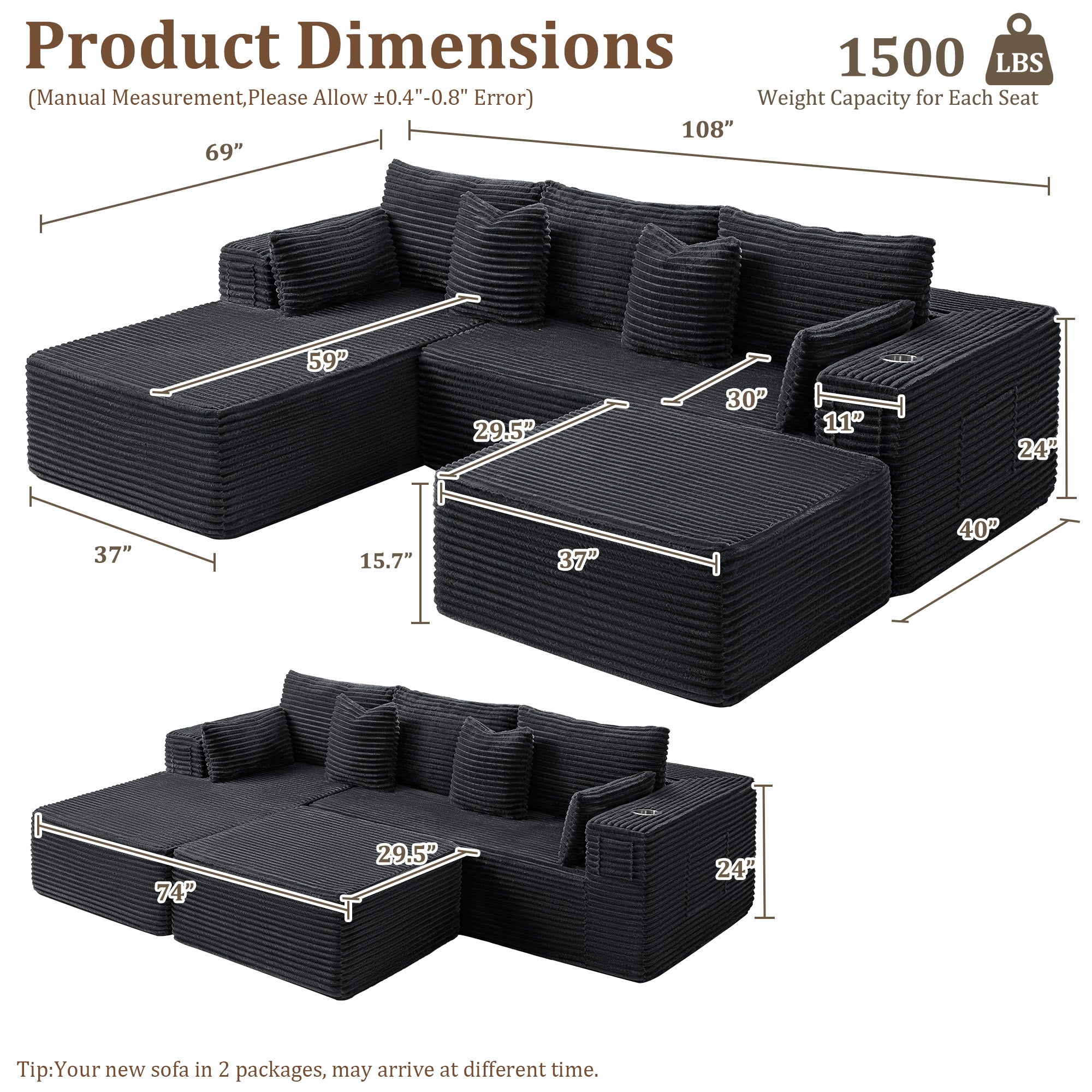 108" U-Shape Modular Cloud Sectional Boneless Sofa with Chaise & Ottoman, Extra-Wide Deep Seat Plush Corduroy Couch for Living Rooms & Apartments (Dark Grey)