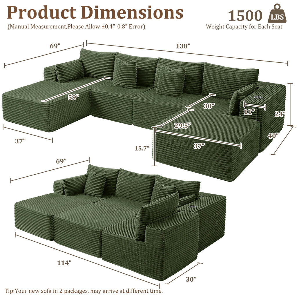 138" U-Shape Modular Cloud Sectional Boneless Sofa with Chaise & Ottoman, Extra-Wide Deep Seat Plush Corduroy Couch for Living Rooms & Apartments (Green)