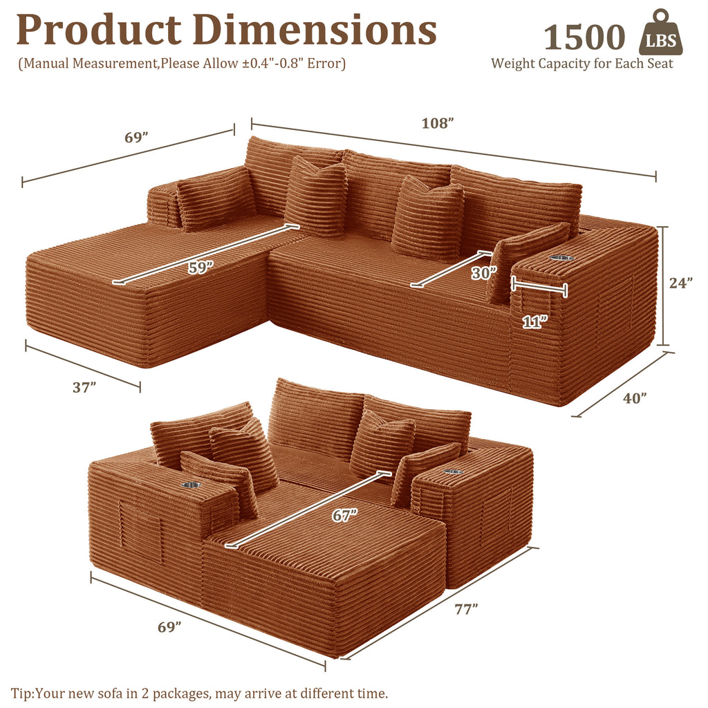108" L-Shape Modular Cloud Sectional Boneless Sofa with Chaise, Extra-Wide Deep Seat Plush Corduroy Couch for Living Rooms & Apartments (Orange)