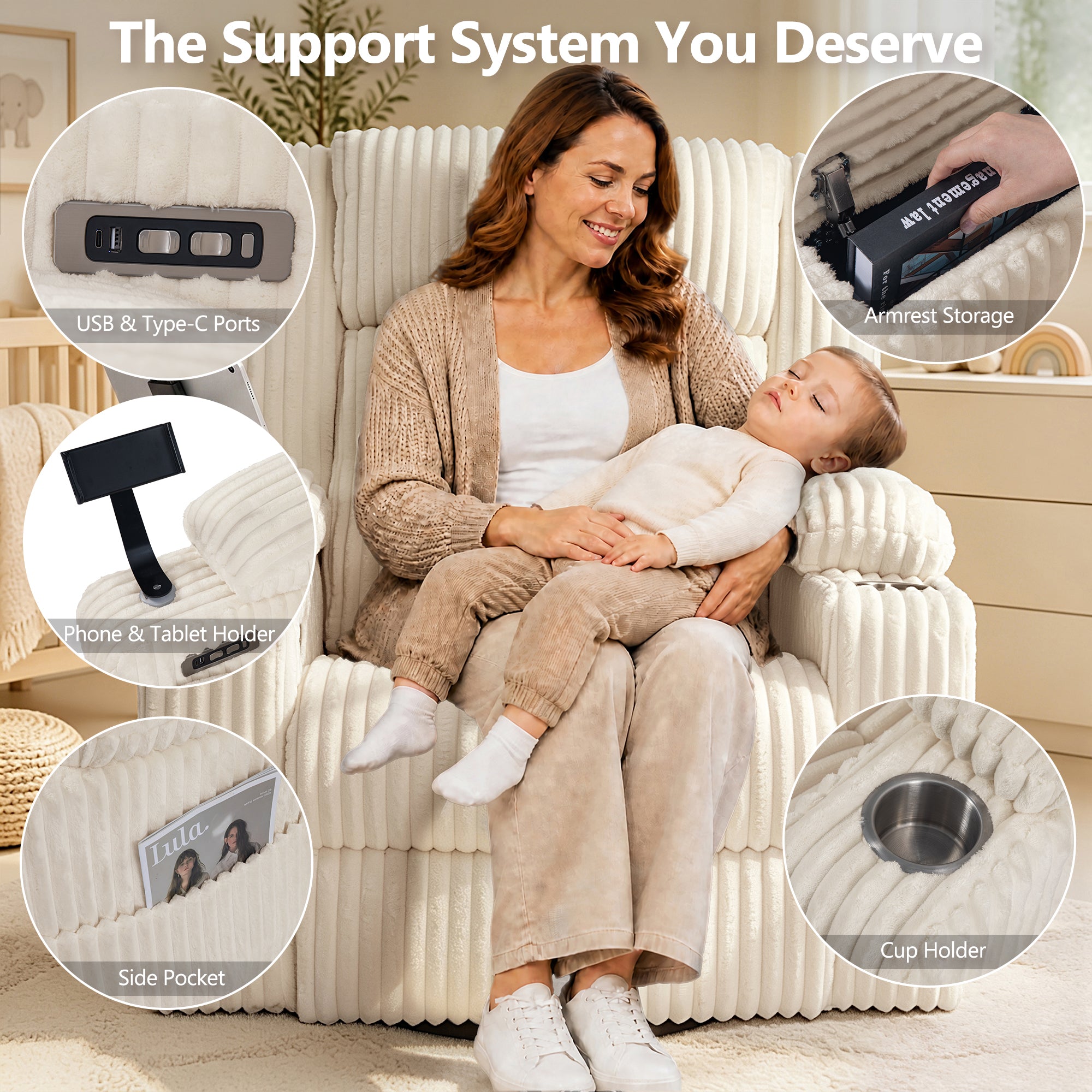 Large Wide Power Lift Recliner Chair for Elderly, Oversized Recliner with Power Headrest, Heat and Massage, Extended Footrest, USB Ports, Cup Holders and Storage Pockets, Beige