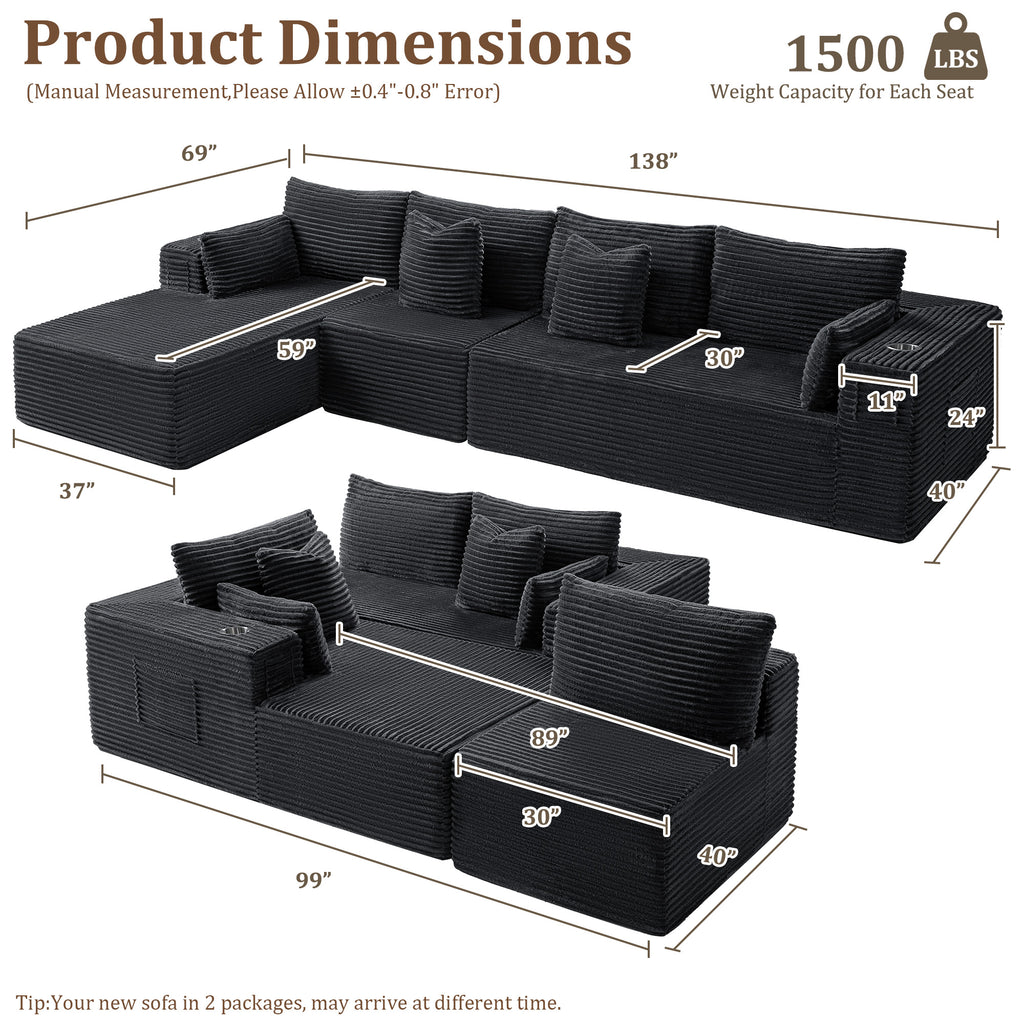 138" L-Shape Modular Cloud Sectional Boneless Sofa with Chaise, Extra-Wide Deep Seat Plush Corduroy Couch for Living Rooms & Apartments (Dark Grey)