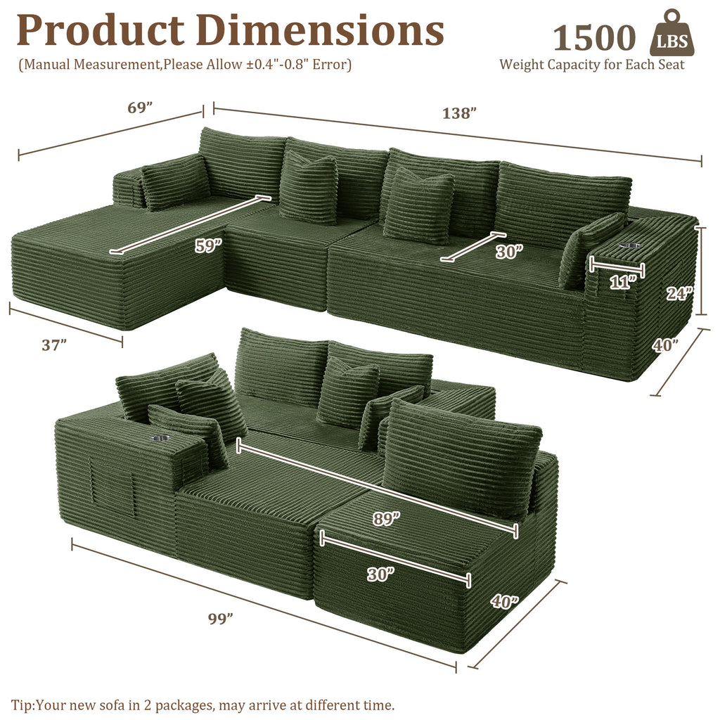 138" L-Shape Modular Cloud Sectional Boneless Sofa with Chaise, Extra-Wide Deep Seat Plush Corduroy Couch for Living Rooms & Apartments (Green)