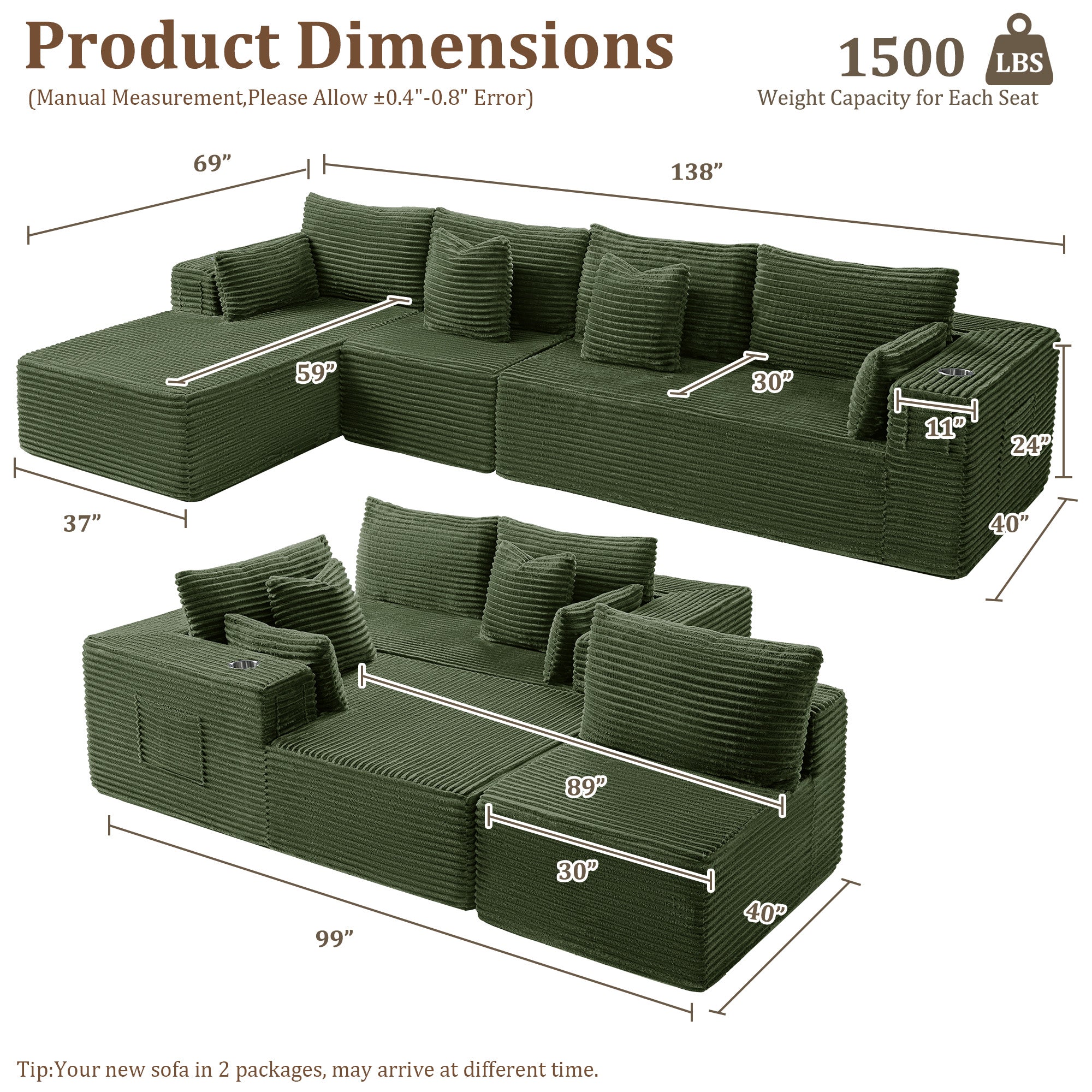 138" L-Shape Modular Cloud Sectional Boneless Sofa with Chaise, Extra-Wide Deep Seat Plush Corduroy Couch for Living Rooms & Apartments (Green)