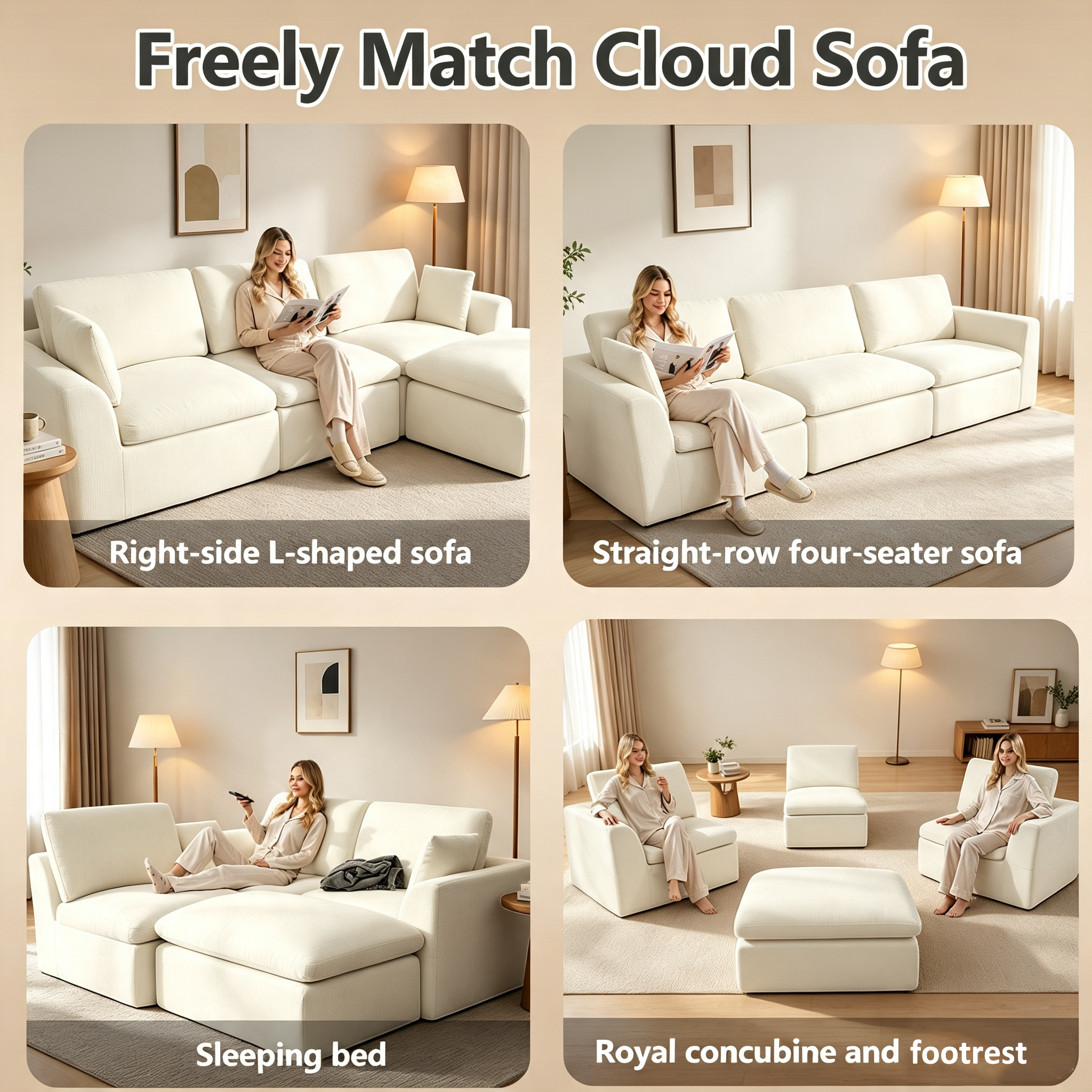 110.5" 3-Seater L-Shaped Cloud Sofa with Ottoman, Deep Seat Modular Sectional Couch with Memory Foam, Soft Chenille Fabric, Plush Comfy Sofa for Living Room, Beige