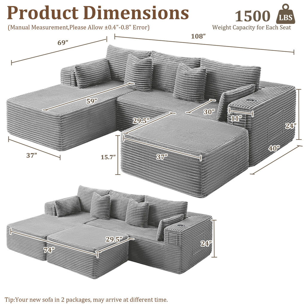 108" U-Shape Modular Cloud Sectional Boneless Sofa with Chaise & Ottoman, Extra-Wide Deep Seat Plush Corduroy Couch for Living Rooms & Apartments (Light Grey)