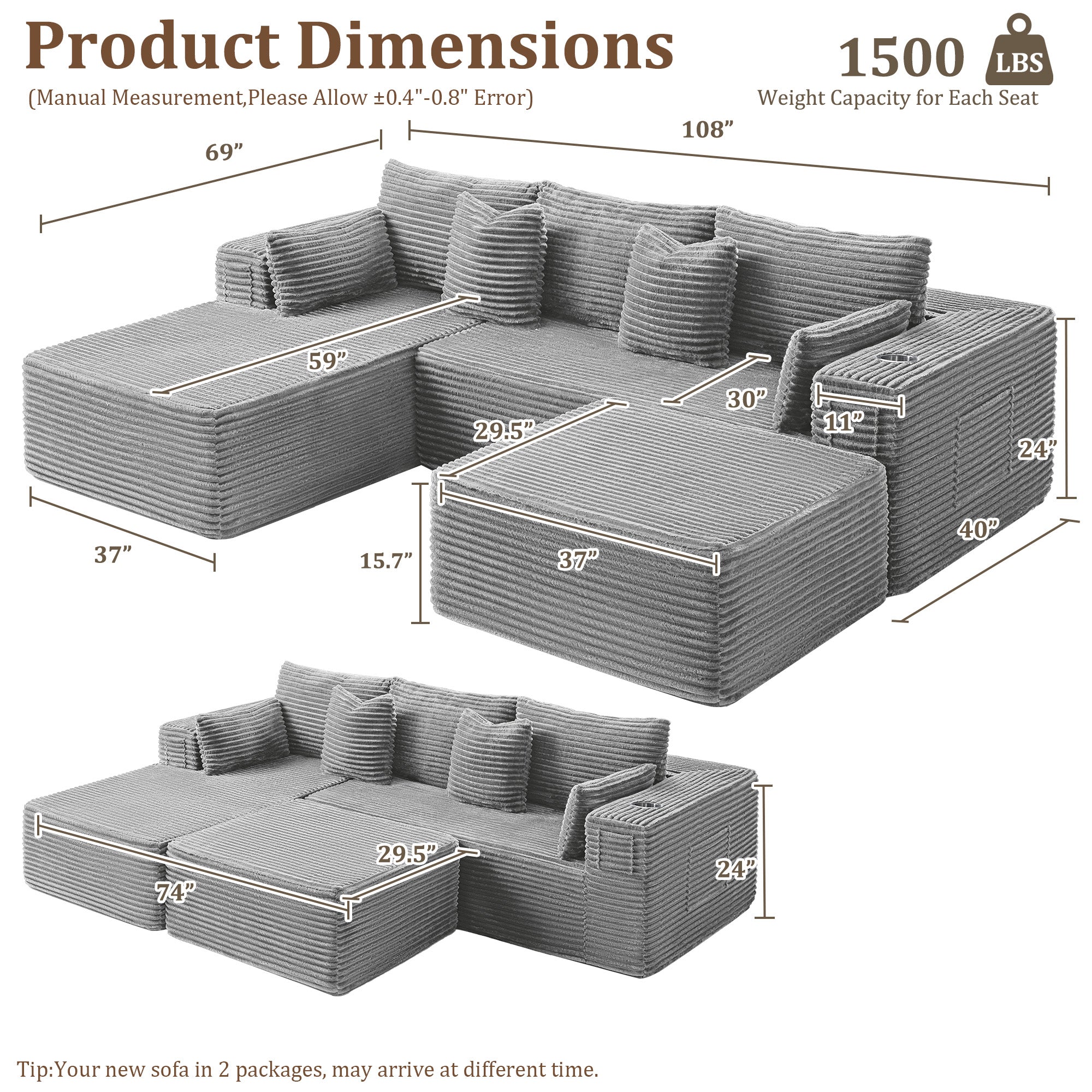 108" U-Shape Modular Cloud Sectional Boneless Sofa with Chaise & Ottoman, Extra-Wide Deep Seat Plush Corduroy Couch for Living Rooms & Apartments (Light Grey)