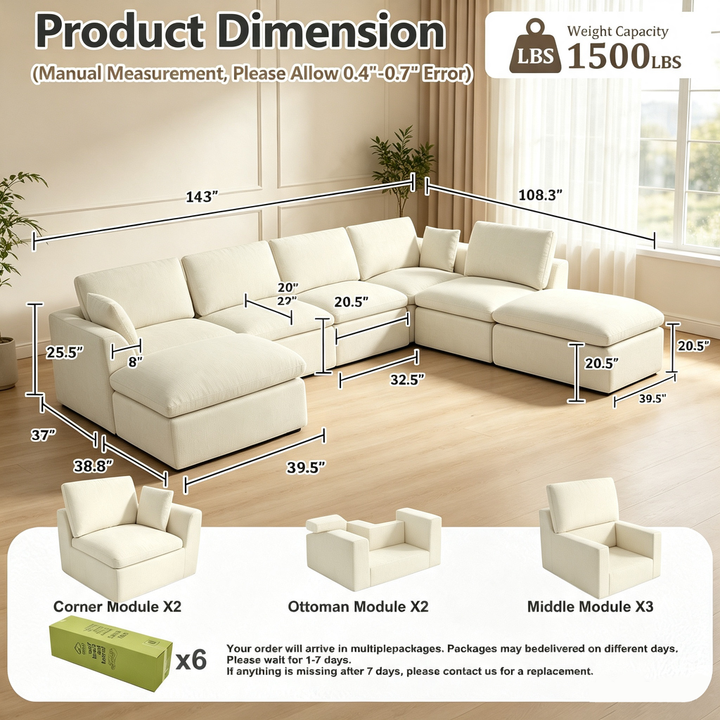 175" 5-Seater Cloud Sofa with 2 Movable Ottomans, Deep Seat Modelar Sectional Sofa with Memory Foam, Soft Chenille Fabric, Plush Comfy Sofa for Living Room, Beige