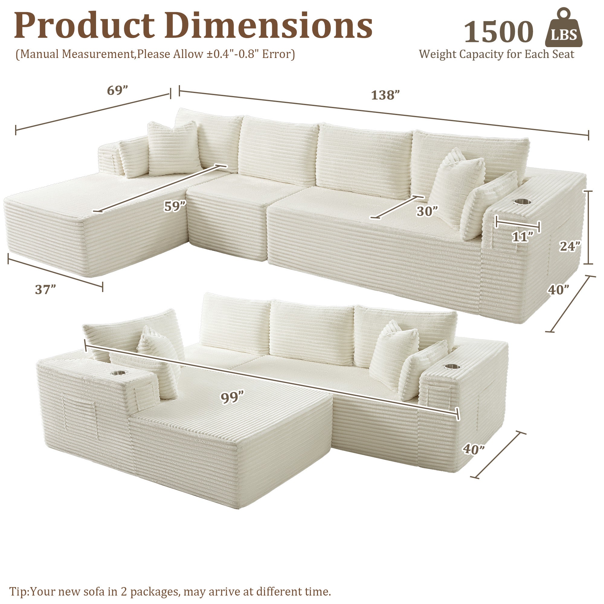 138" L-Shape Modular Cloud Sectional Boneless Sofa with Chaise, Extra-Wide Deep Seat Plush Corduroy Couch for Living Rooms & Apartments (Beige)