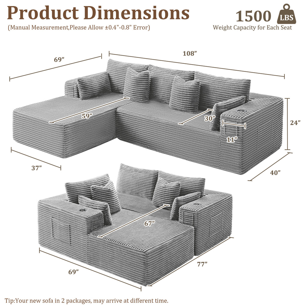 108" L-Shape Modular Cloud Sectional Boneless Sofa with Chaise, Extra-Wide Deep Seat Plush Corduroy Couch for Living Rooms & Apartments (Light Grey)