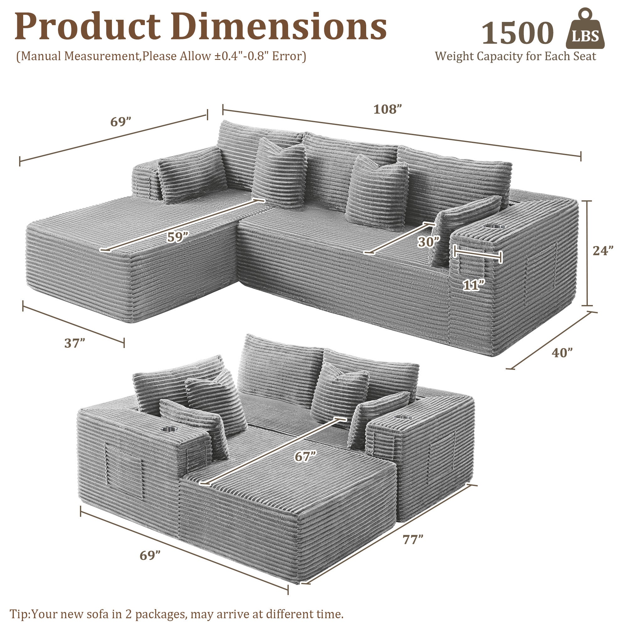 108" L-Shape Modular Cloud Sectional Boneless Sofa with Chaise, Extra-Wide Deep Seat Plush Corduroy Couch for Living Rooms & Apartments (Light Grey)