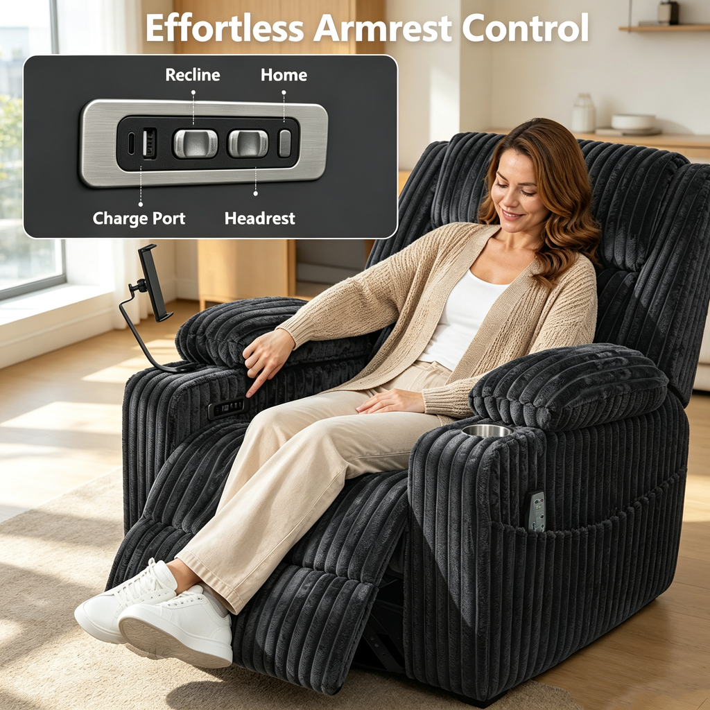 Large Wide Power Lift Recliner Chair for Elderly, Oversized Recliner with Power Headrest, Heat and Massage, Extended Footrest, USB Ports, Cup Holders and Storage Pockets, Dark Gray