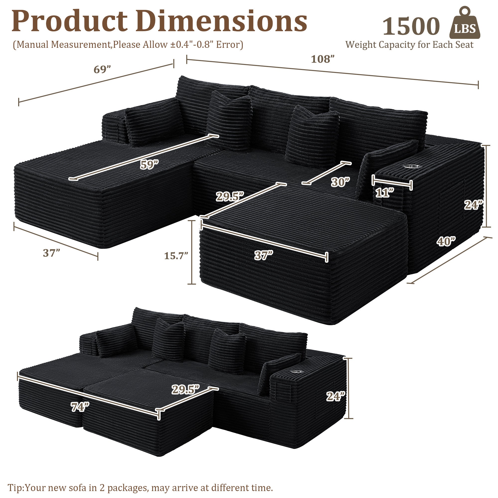108" U-Shape Modular Cloud Sectional Boneless Sofa with Chaise & Ottoman, Extra-Wide Deep Seat Plush Corduroy Couch for Living Rooms & Apartments (Black)