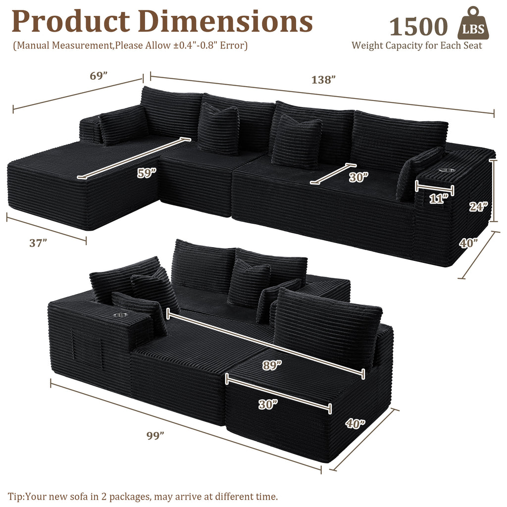 138" L-Shape Modular Cloud Sectional Boneless Sofa with Chaise, Extra-Wide Deep Seat Plush Corduroy Couch for Living Rooms & Apartments (Black)