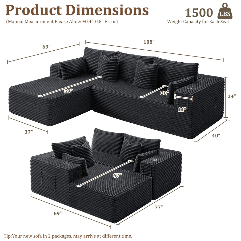 108" L-Shape Modular Cloud Sectional Boneless Sofa with Chaise, Extra-Wide Deep Seat Plush Corduroy Couch for Living Rooms & Apartments (Dark Grey)