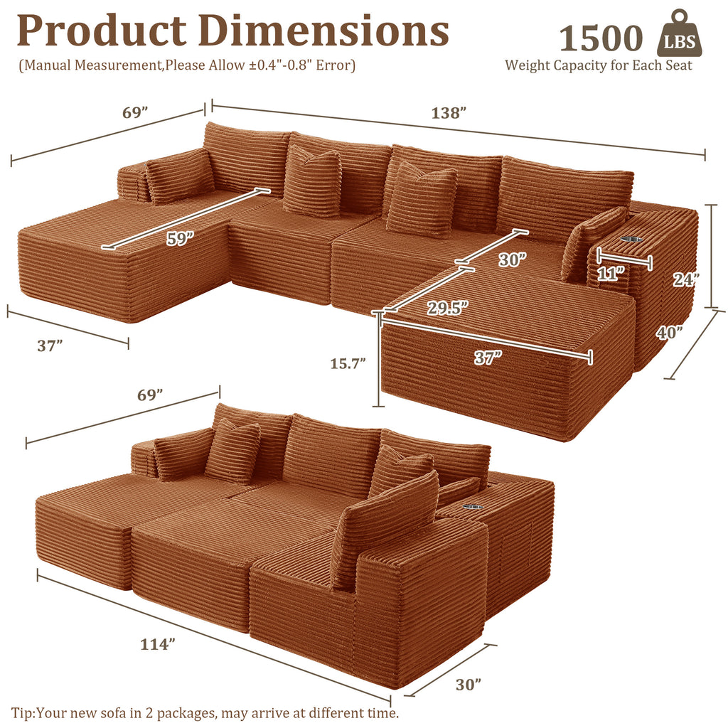 138" U-Shape Modular Cloud Sectional Boneless Sofa with Chaise & Ottoman, Extra-Wide Deep Seat Plush Corduroy Couch for Living Rooms & Apartments (Orange)