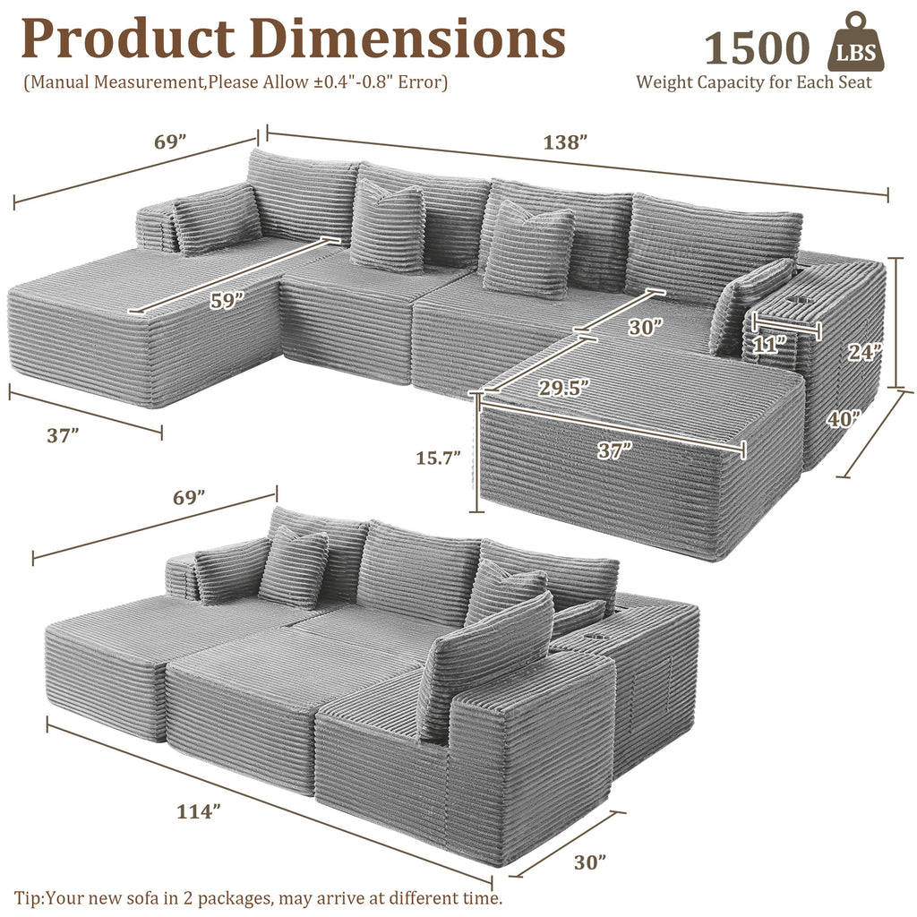 138" U-Shape Modular Cloud Sectional Boneless Sofa with Chaise & Ottoman, Extra-Wide Deep Seat Plush Corduroy Couch for Living Rooms & Apartments (Light Grey)