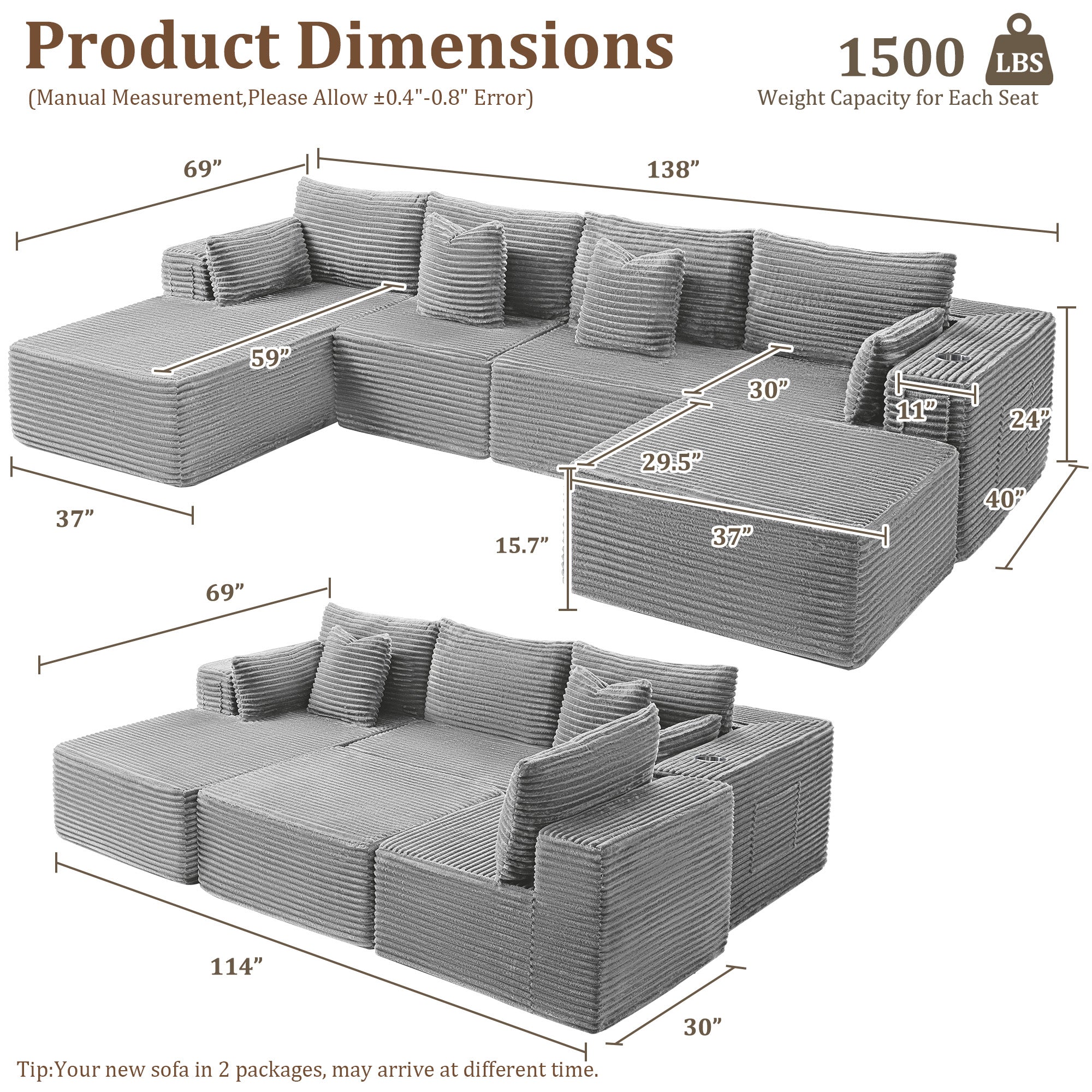 138" U-Shape Modular Cloud Sectional Boneless Sofa with Chaise & Ottoman, Extra-Wide Deep Seat Plush Corduroy Couch for Living Rooms & Apartments (Light Grey)