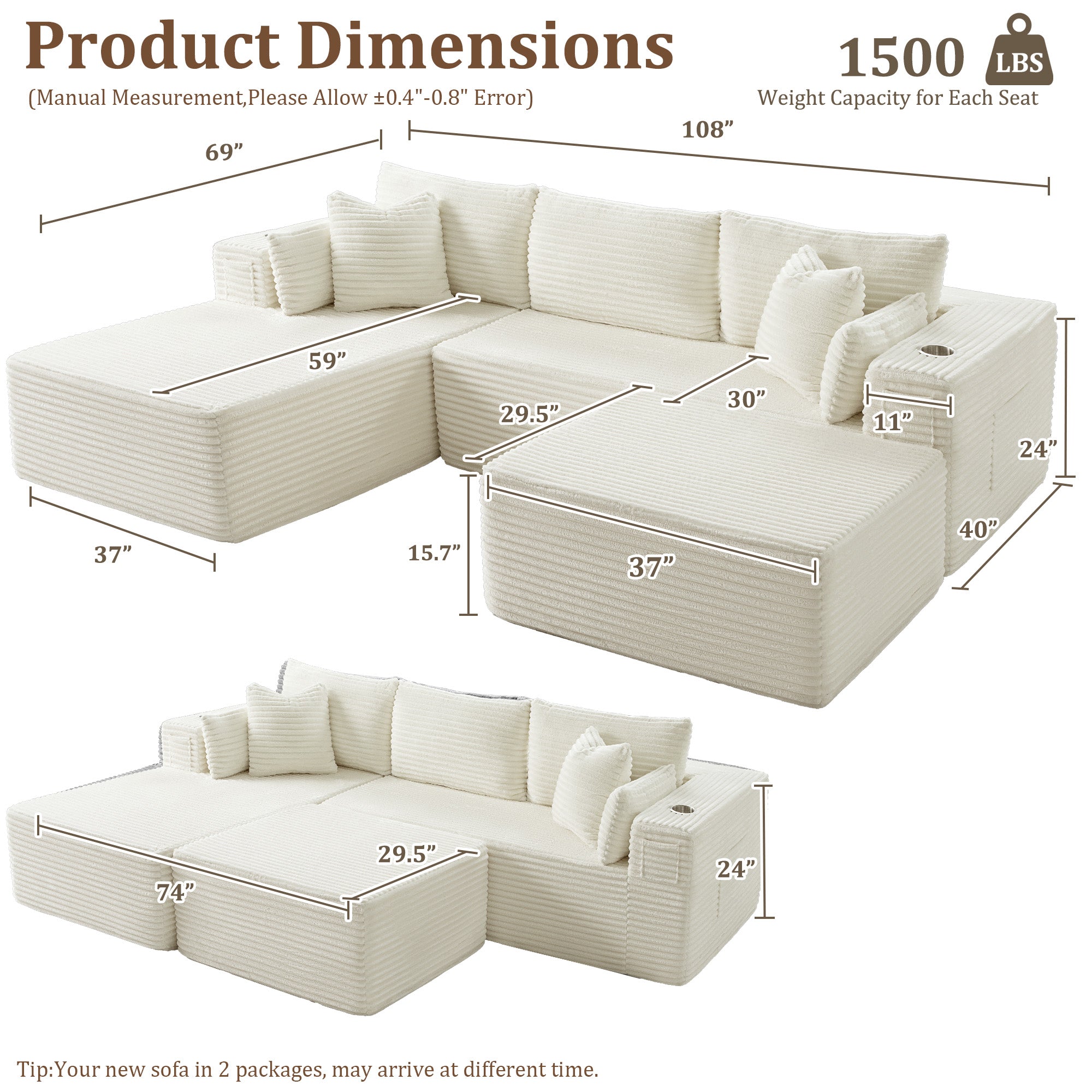 108" U-Shape Modular Cloud Sectional Boneless Sofa with Chaise & Ottoman, Extra-Wide Deep Seat Plush Corduroy Couch for Living Rooms & Apartments (Beige)