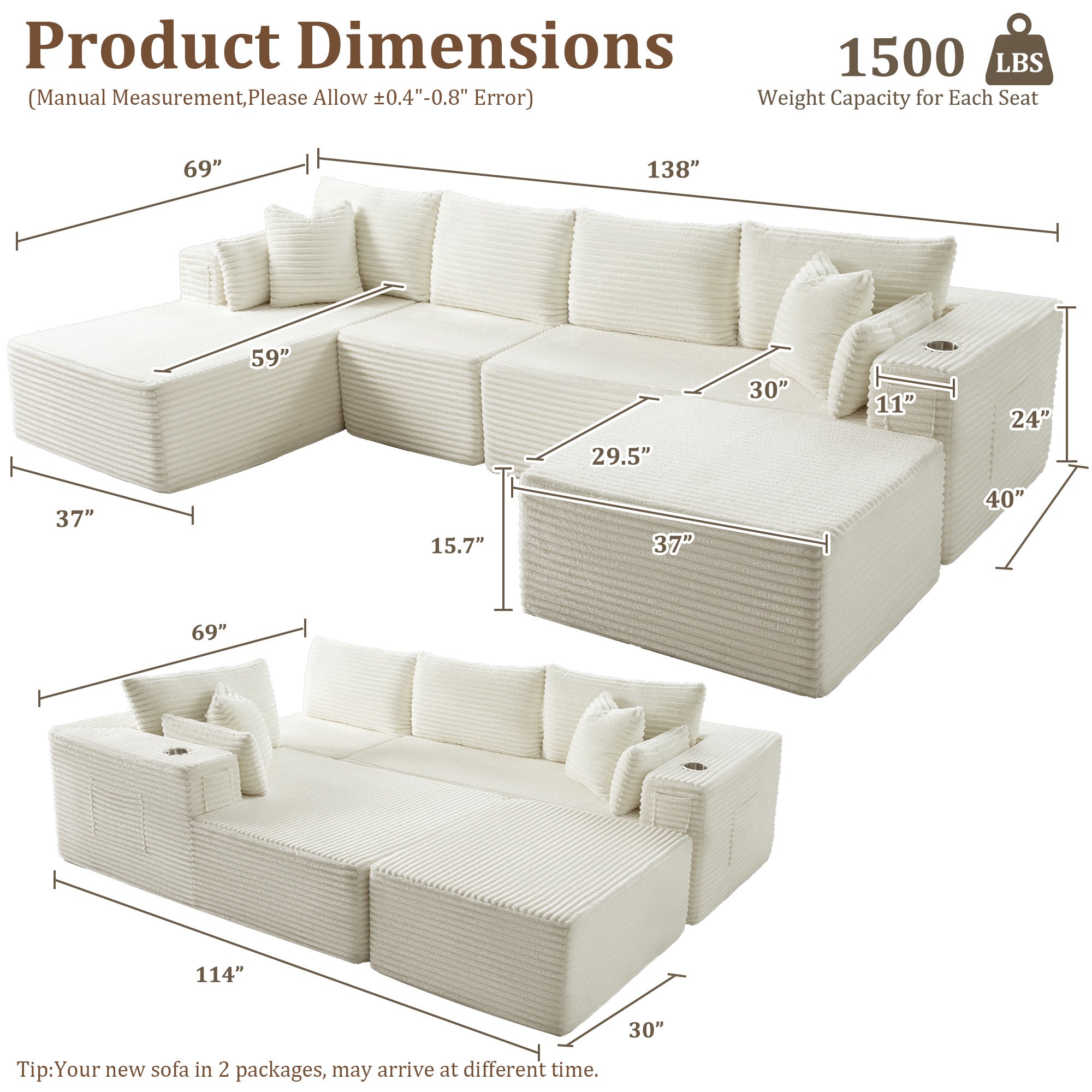 138" U-Shape Modular Cloud Sectional Boneless Sofa with Chaise & Ottoman, Extra-Wide Deep Seat Plush Corduroy Couch for Living Rooms & Apartments (Beige)